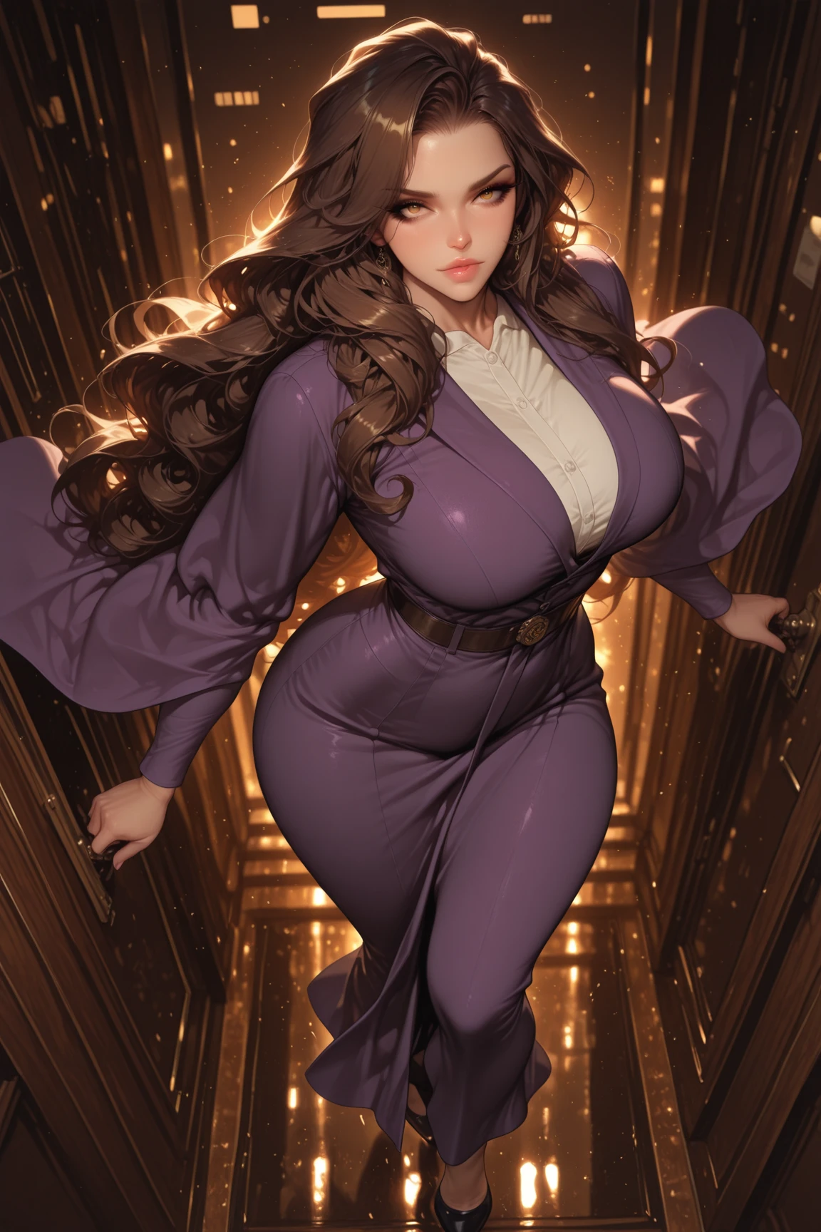 (masterpiece, best quality, absurdres, 4k, aesthetic, detailed, intricate),simple background,1 28 year old woman, zennorobroy, braid, horse ears, horse tail,beret, glasses, purple jacket, long sleeves, white skirt, scarf ,slight smile ,thin waist , thick thighs, curvy figure, cleavage bulge