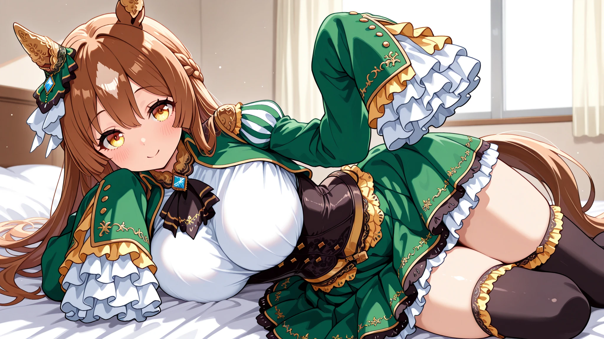 (((Horse Girl))), (((Fine Motion))), Thighs, sitting on a luxurious red sofa, (((Panties are slightly visible))), smile, Dress like a young lady, (((White underwear with green embroidery))), High resolution, The skirt is flipped up,