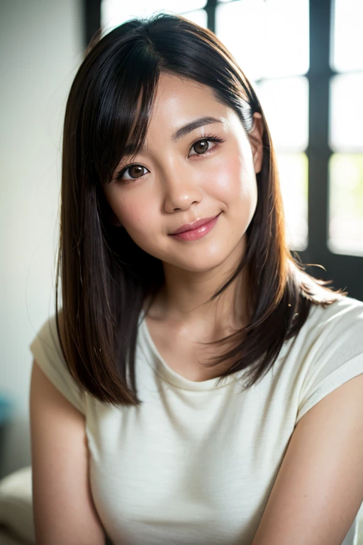 masterpiece,best quality,(Japanese ),((Beautiful girl)),cleavage,indoor,(perfect body beauty:1.2),(shy smile),beautiful teeth,