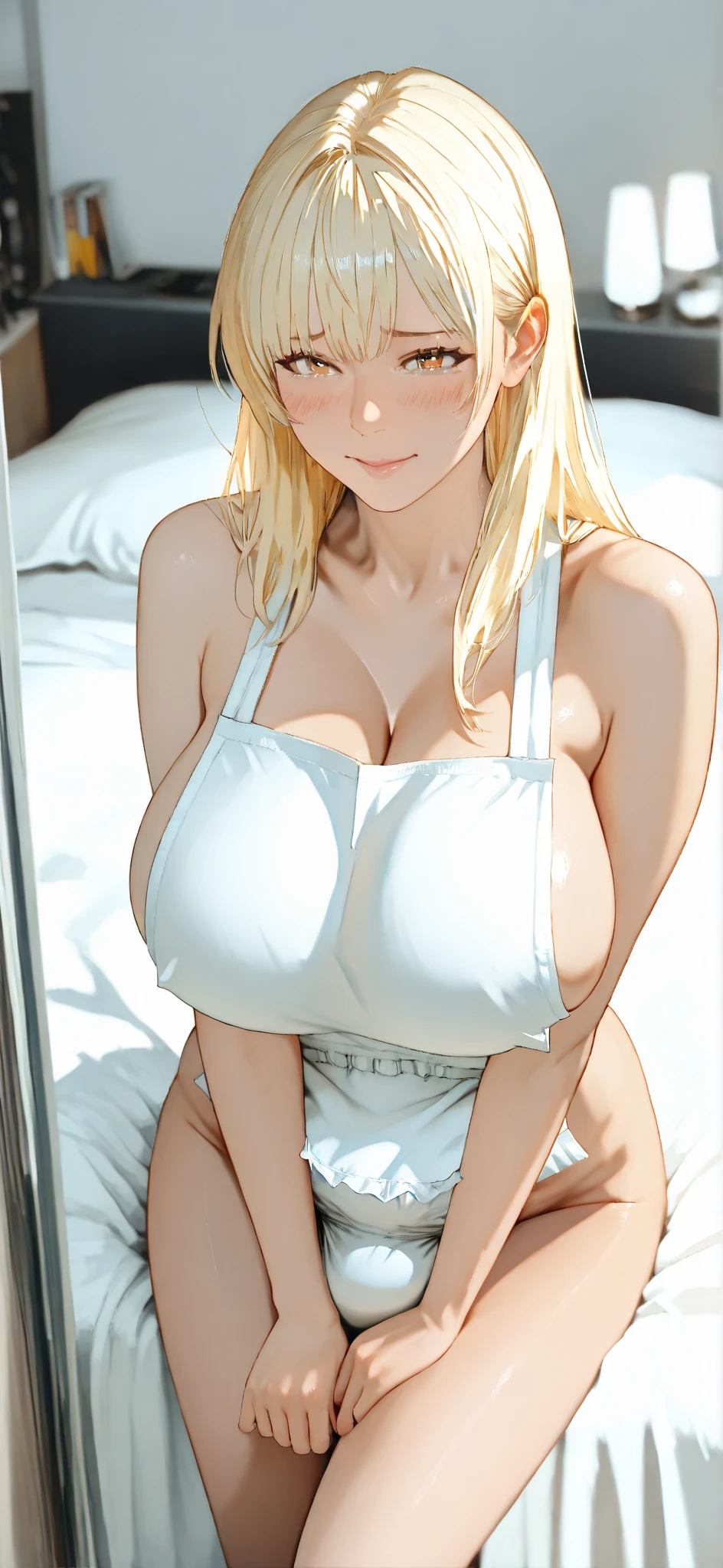 Hermosa chica rubia con pelo largo y ondulado muy sexy con tetas muy pero que muy grandes, enormes y solo con una camisa blanca abierta y con un tanga tiro de vaquero. Deluxe room background. Vista trasera