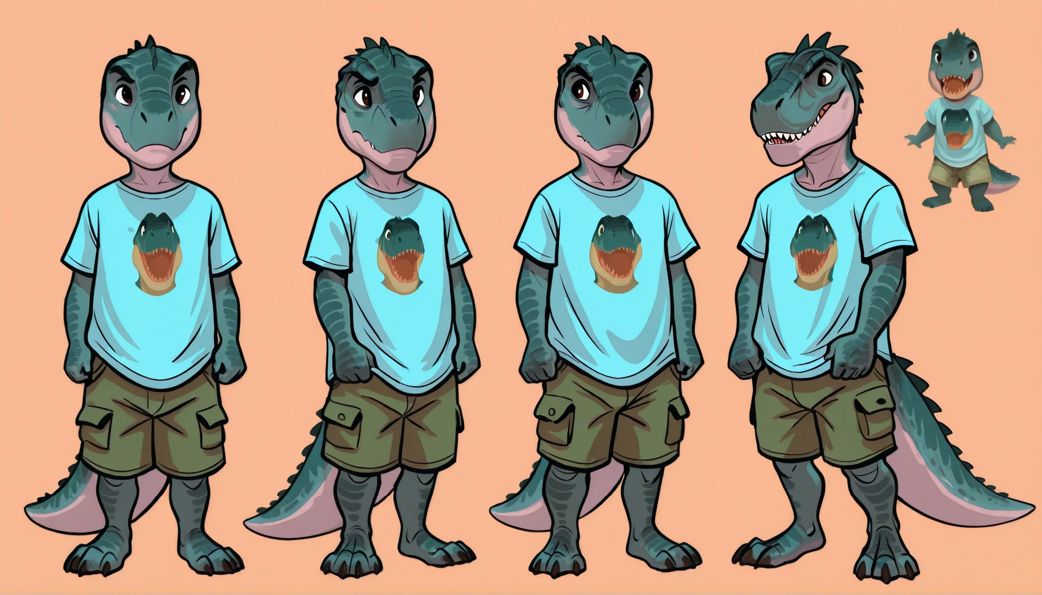Anthro T-rex, dinosaur, scale, reptile, male, young, toddler, small, short, cub, thick tail, cute, t-shirt, cargo shorts, claws, teeth, simple design, clean design, minimalistic design, character design, character concept art, multiple views, shy, (by dramamine, by studio ghibli)