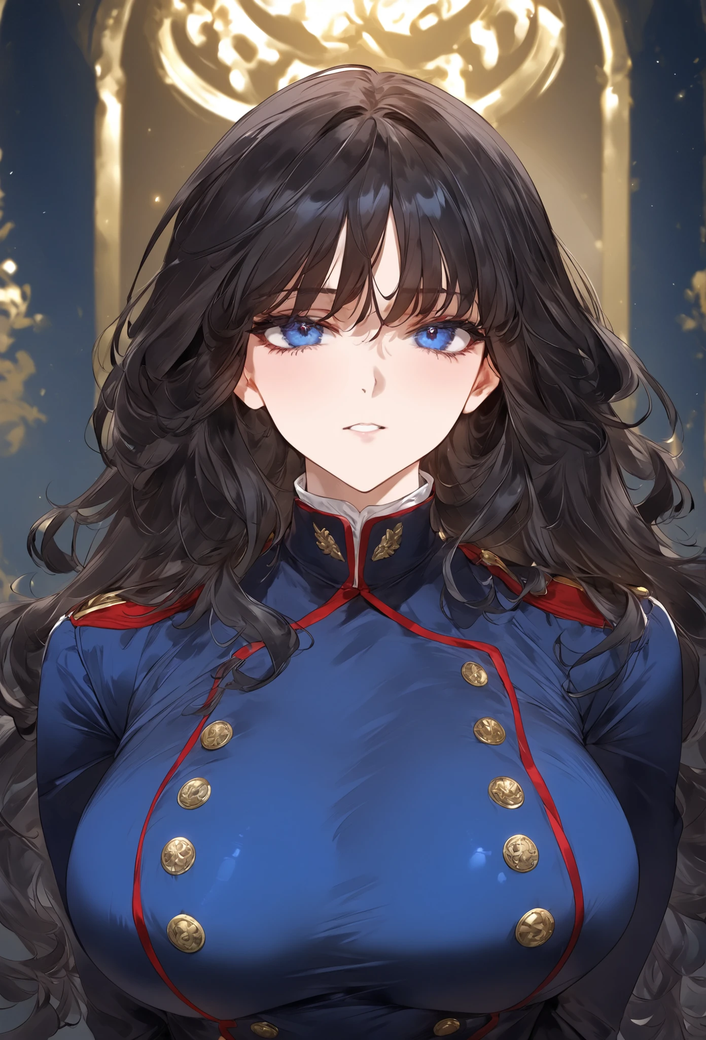 score_9, score_8_up, (masterpiece, top quality, best quality, official art, beautiful and aesthetic:1.2), (8k, best quality, masterpiece:1.2), (((masterpiece))), (((best quality))), (((extremely detailed))), illustration, (masterpiece, top quality, best quality, official art, beautiful and aesthetic:1.2), (8k, best quality, masterpiece:1.2), see-through, source_anime, 1girl, adult, ((dark hair)), dark hair, ((intimidant look)), ((close-up)), blue eyes, uniform, sexy, dark colors, brillant eyes, ((wavy hair)), perfect hands, ((intimidant look)), good anatomy, ((militar uniform)), emotionless, intimidant, ((beautiful eyes)), close up, ((detailed eyes)), beautiful eyes, ((detailed face)), detailed face, full body, nude, huge breasts, lying in beds