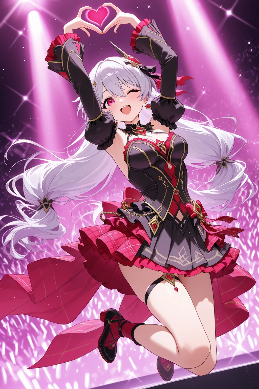 (hyper extreme detailed),(masterpeace),(hyper extreme),(photorealistic),CG,(colour:1.2), beautiful lighting,light from the front, solo, smile, <lora:ajax:1>,ajax, Light purple hair,red eyes,two_side_up,long hair,hairclip,white beret,sleeveless blouse,red skirt,black armcover,black pantyhose,white capelet,loafers,