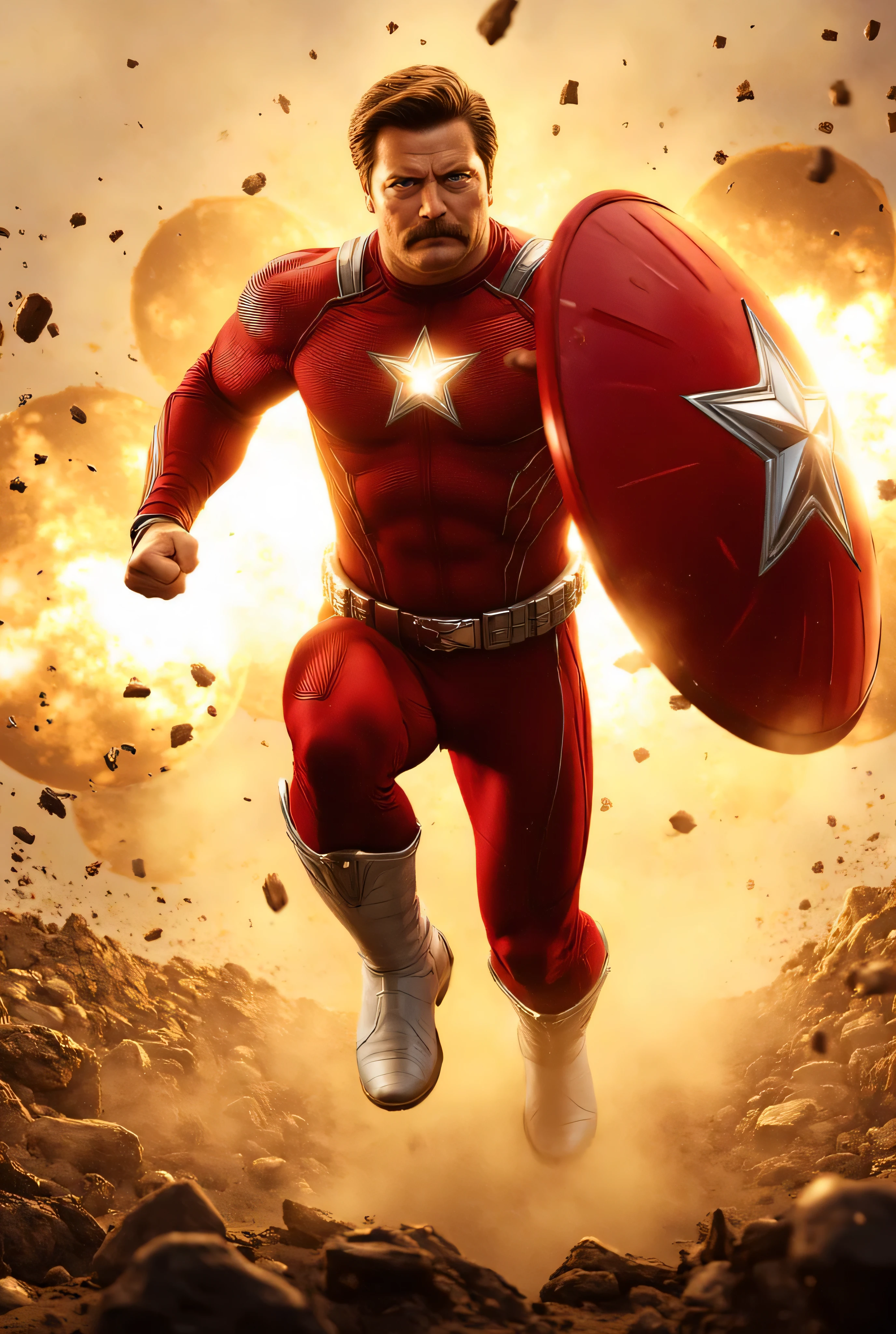 Nick Offerman as Red Guardian, dynamic, hyper-realistic, superhero scene, muscular man, red spandex suit, silver star emblems on chest and shield, retro-futuristic Soviet patriotic designs, leaping forward through an explosive battlefield, holding a large red shield with a metallic star, glowing energy blast, tight-fitting mask, central fin or crest, silver utility belt, white boots, debris, smoke, sparks, motion and impact, Marvel/DC cinematic posters, dramatic lighting, heroic pose, ultra-detailed textures, high contrast, powerful motion, epic energy