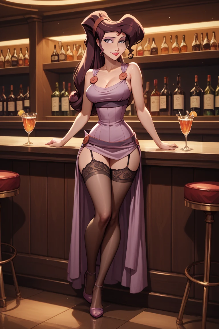 (Best quality, 8k, 32k, Masterpiece, UHD:1.2), kizuna ai, huge breasts,long hair, brown hair, multicolored hair, hair tied, pink hairband, pink highlights, streaked hair, smiling, party dress, no bra, backless dress, cleavage, hand bag, high heels, sleeveless dress, bar, night club , bare thighs, thick thighs, black dress, champagne glass, large dragon tattoo on thigh