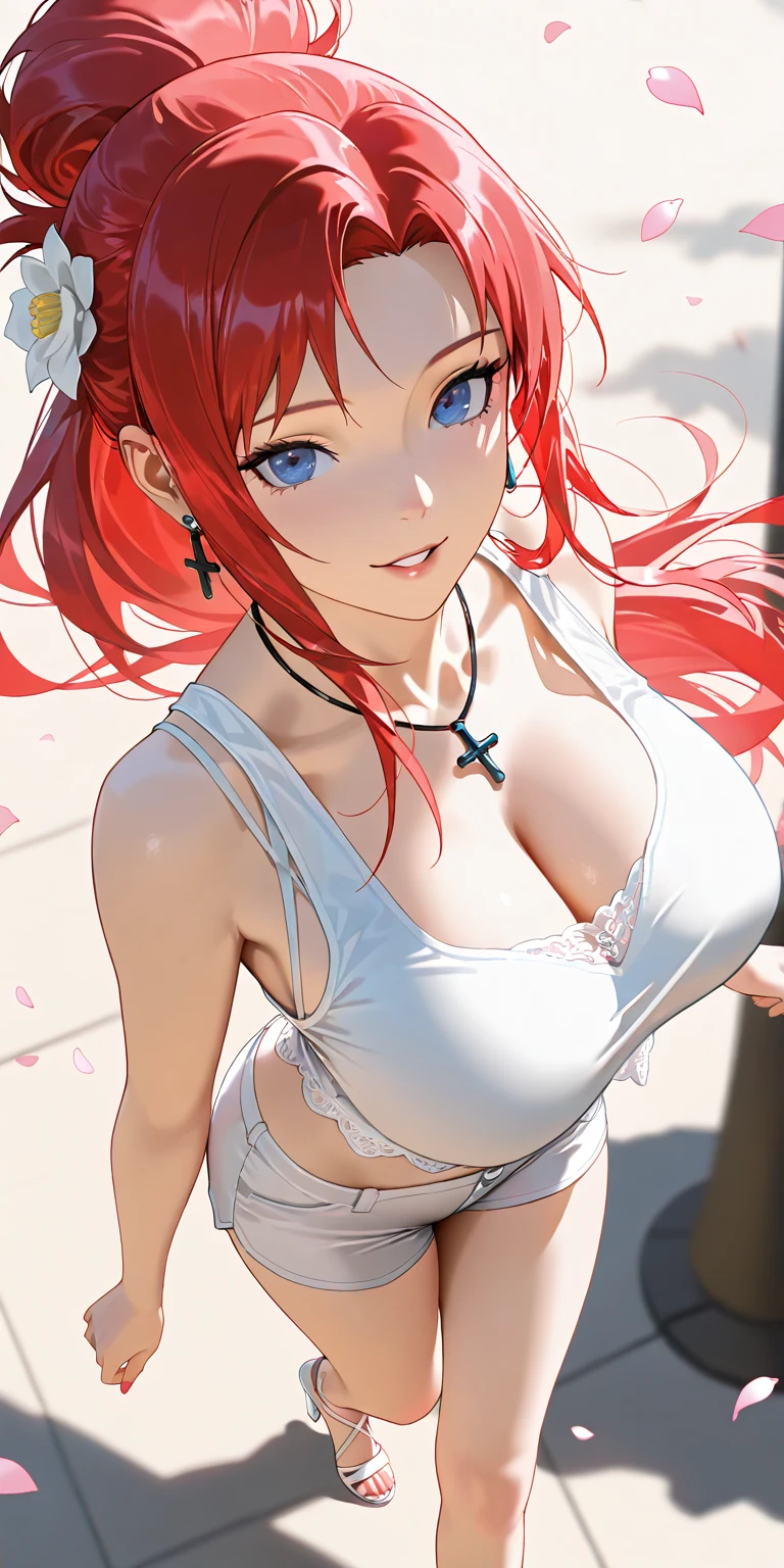 a cute innocent red haired girl with long hair in a twintail, yellow eyes, huge breasts,sensual oversize white shirt,  in a bedroom, anime girl, detailed face, detailed eyes, detailed lips, delicate features, porcelain skin, slender figure, seductive pose, soft lighting, pastel colors, dreamy atmosphere, fantasy art, digital painting, highres, best quality, 8k, ultra-detailed, realistic, photorealistic, professional, vivid colors, perfect anatomy