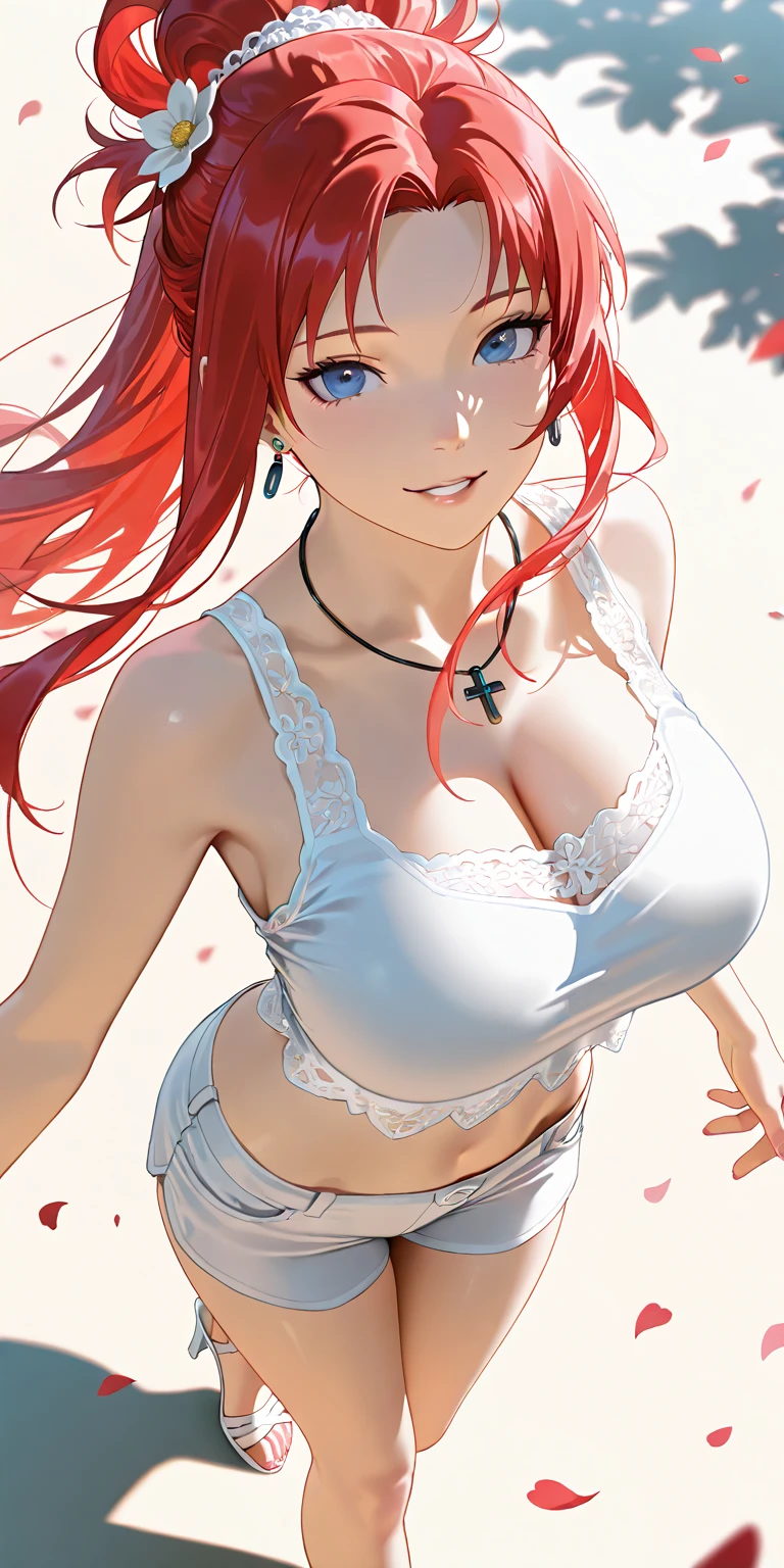 (masterpiece:1.2, best quality), 1milf, open clothes, (red flowers:1.3), white, red hair, red eyes, mature, big tits, sexy, upper body, red lips, tube top, press breast, shoot from above, red clothes, nsfw, rose cloth, lyin in rose, lyin, rose