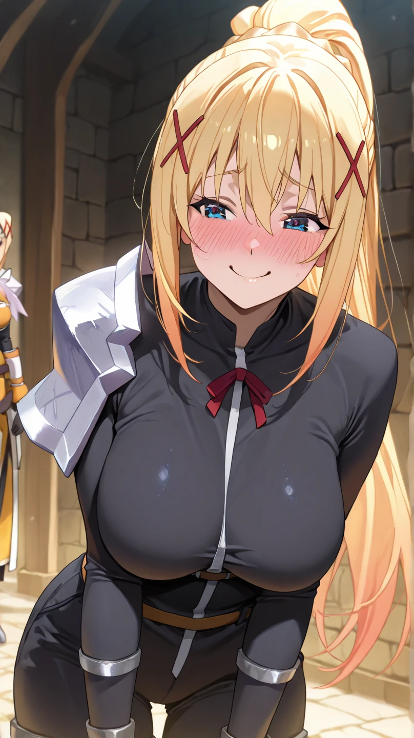 masterpiece,best quality,1girl,blush,(wet:0.8),tight,multiple boys,outside,crowd,detached sleeves,choker,nipples,sweat,park,day,<lora:lalatina_dustiness_ford_konosuba:0.8>,lalatina dustiness ford konosuba,blonde hair,long hair,hair ornament,x hair ornament,ponytail,blue eyes,parody,bdsm,bondage,(smirk:0.6),pussy,