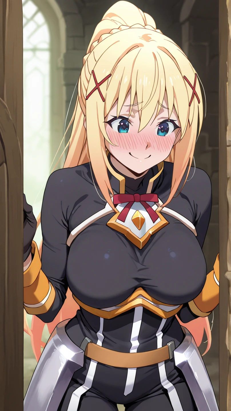 (Upper Body:1.3),medium shot,anime,masterpiece,gravure, 8k,Realistic, Beautiful woman,Elegant mature elven woman, Elf Ears,blue eyes, arms behind head,(Aesthetic Anime Eyes:1.3),large breasts,Blonde Hair, Black bodysuit, smile,Beautiful breasts,8K resolution, High quality CG, Beautiful CG, Soft Light,looking at viewer,(24-years-old),