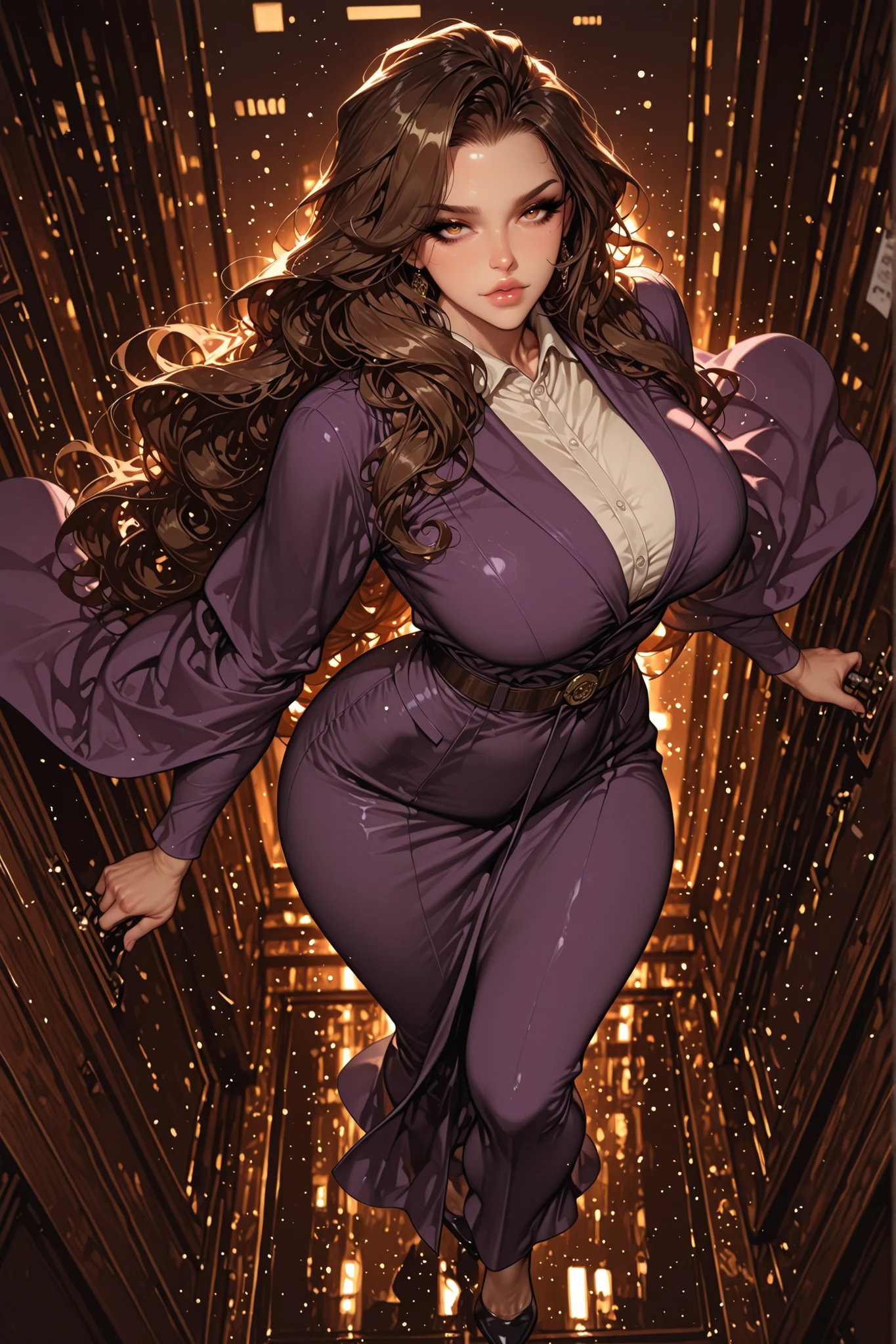 adult female, big breasts, mature women, mature woman, 1girl, pinklips,calm gaze, golden-brown eyes, black eyeliner, brown hair, purple robes, big breasts, toned body, very long hair, slightly curly hair, looking at viewer,full body, business office background, motion blur, dynamic pose, dynamic composition, masterpiece, best quality, dynamic angle, high quality, amazing quality, very aesthetic, absurdres, newest