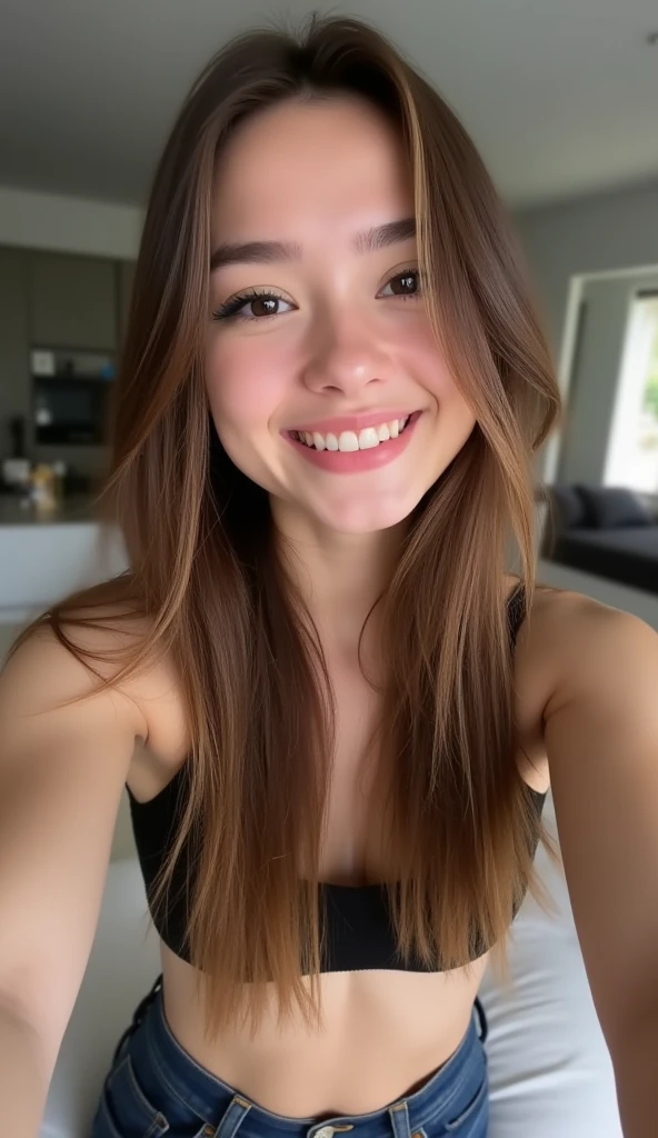 (dans un salon) Une magnifique jeune fille de 21 ans avec une apparence innocente, naked, Elle a de longs cheveux blonds et ondulés qui descendent en cascade dans son dos, et de grands yeux bleus expressifs qui rayonnent de pureté et de curiosité. Sa peau est claire et lisse, Elle est assise, elle bois un café, créant une atmosphère rêveuse et paisible, Sa posture est douce et élégante, avec un léger sourire sur ses lèvres, reflétant sa nature innocente et gentille.