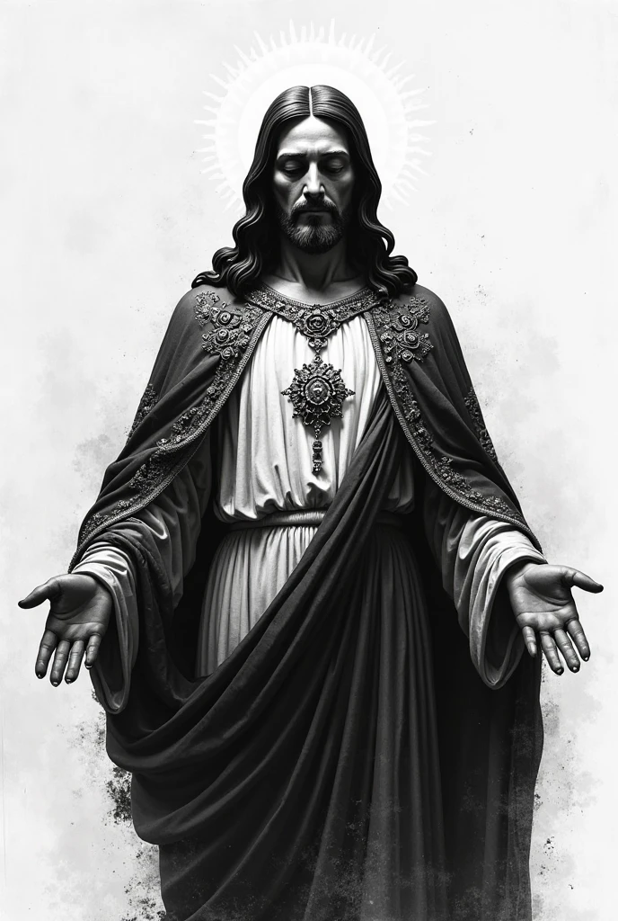 a statue of Jesus Christ, crown of thorns, eyes closed, blood running down his face, suffering features, (with beams of light in the background:1.4), sacred heart in the chest, Clint Cearley, a marble sculpture, thin, (cinematic:1.4), slate gray atmosphere, hyperdetailed, soft tones, insane details, low contrast,