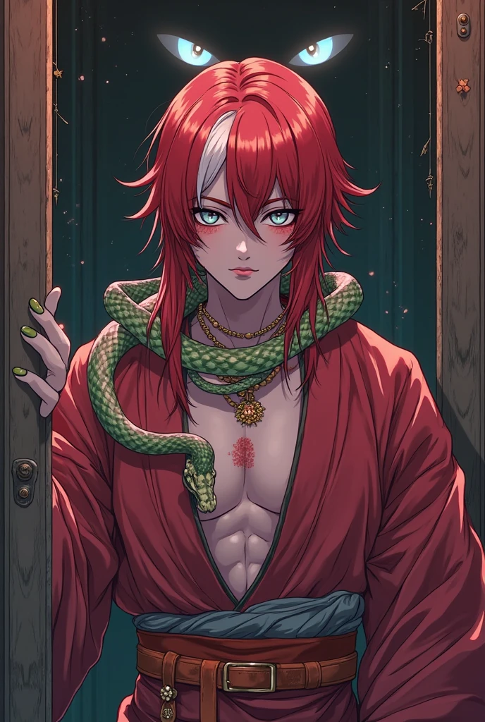 1 male demon with pink skin with very thin fire horns coming from the front of his forehead, ((fire hair)) ((with baggy clothes style oriental rpg world)) (perfect human eyes) work of art, best qualityer, (full viwer), bottom clean.