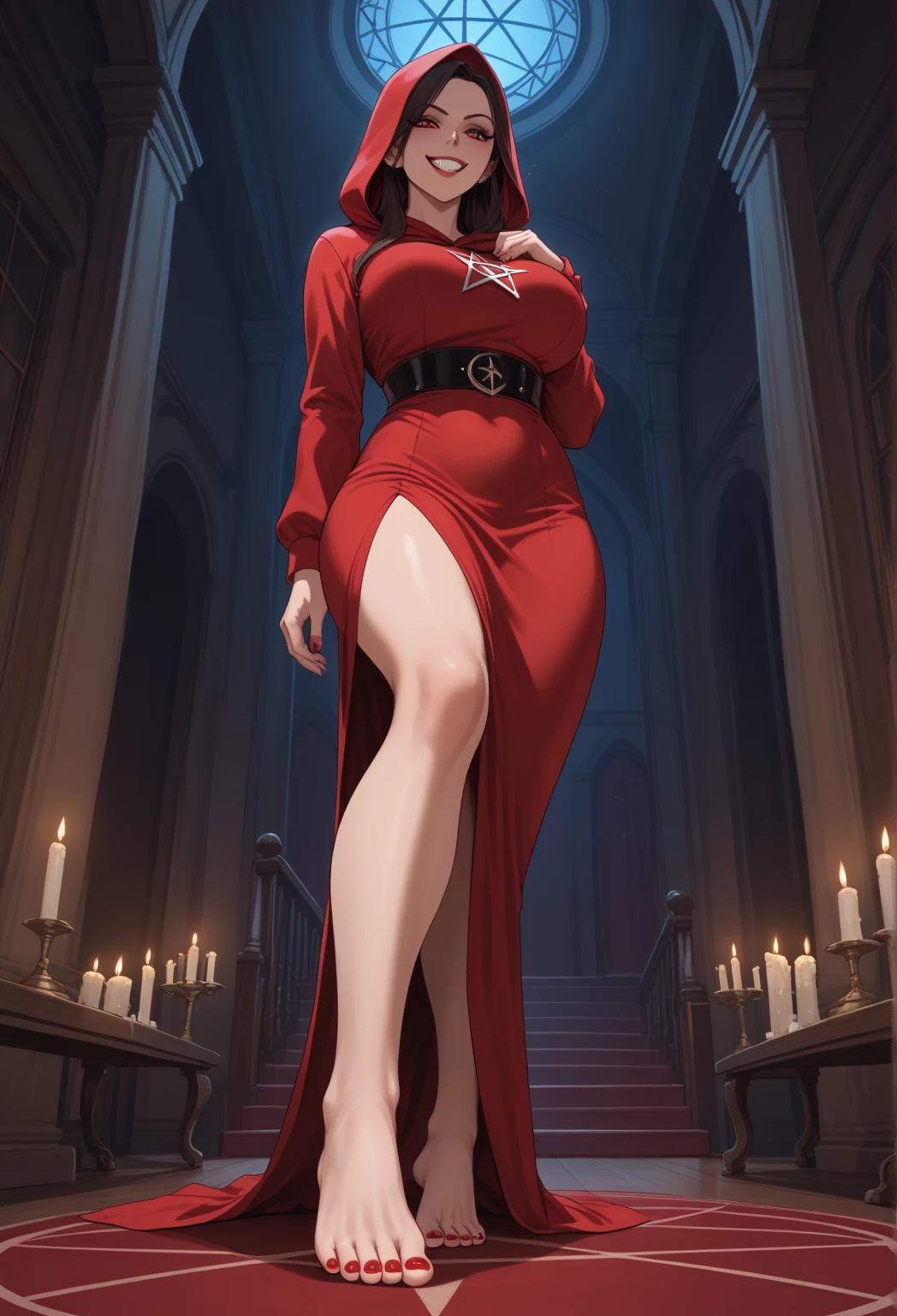 dim light, old castle, mature female werewolf, red lips, sharp nails, glowing orange pupils, slim, tall, curvy body, long black hair, long black overcoat, red bra, red shorts, 8k, Unreal engine, highly detailed, octane render