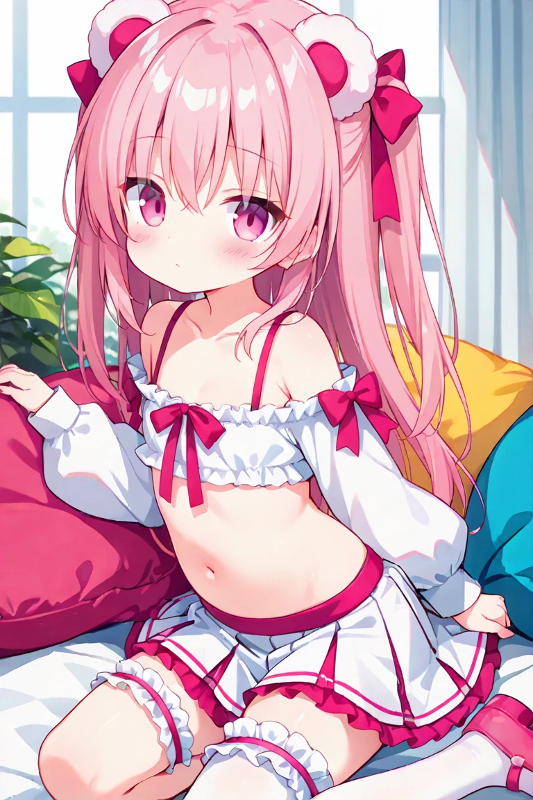 (best quality, masterpiece:1.2), ultra detailed, extremely detailed eyes and face, natural skin texture, detailed skin, natural lighting,
1 girl, 14-year-old, early teens, (cute),
twintails, pink hair, shiny hair,
pink eye,
(small breasts),
cheerleader, white and red crop top, white and red sleeveless shirt, midriff, red miniskirt, red pleated skirt, white panties,
BREAK (embarrassed, aroused, blush, open mouth, orgasm, steam:1.2),
BREAK (lying on back, girl spread legs, leg up, hold own thighs:1.4), pussy juice, camel toe,
indoor, bedroom, on the bed, from above,