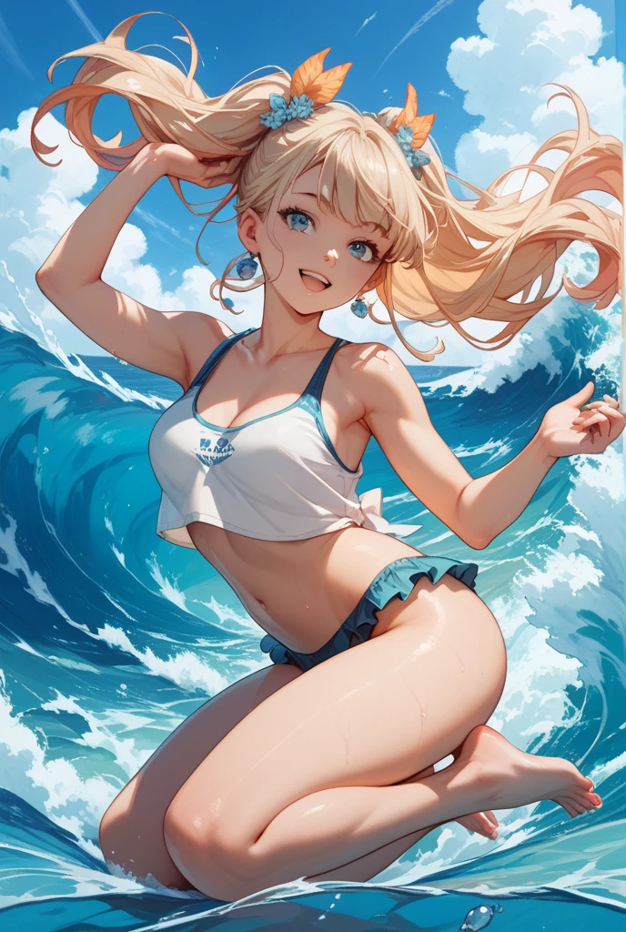 realistic, anime, 1girl, blond hair, ponytail hair, long hair, blue eyes,  red bikini, beach, light particles, light rays, wallpaper,
