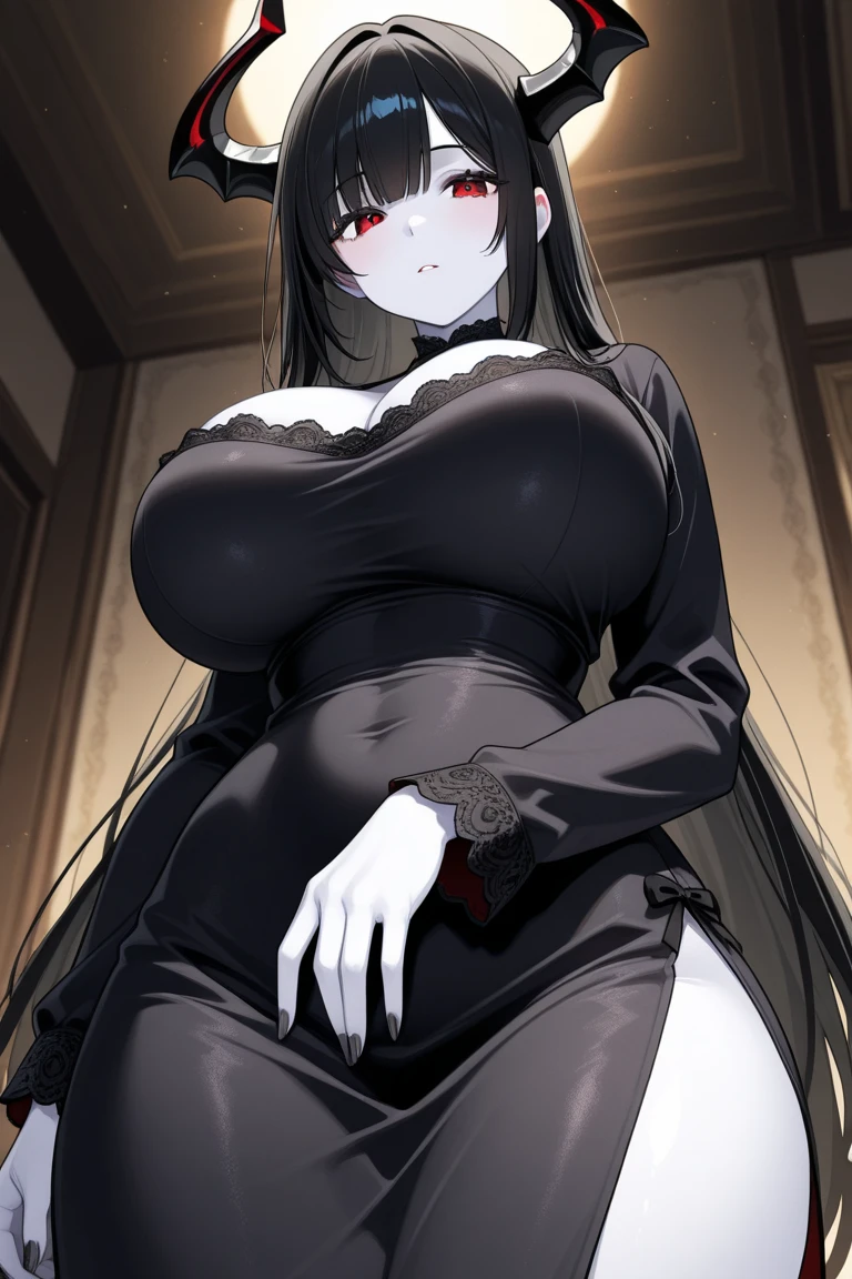 a woman, mature, tall, milf, She looked like she was in her early 30s, long black hair, shiny straight hair, black eyes like the deepest darkness, mature, perfect face, sexy face, curvy waist, big ass, sexy thighs, setting inside a dark room, mysterious lighting, sitting on top of the bed, red bed, wearing nothing but lacy black panties, wearing a huge black t-shirt that still couldn't hide her big breasts that were hanging down, She had two red horns, thick demonic horns, sticking out from the sides of her head, it didn't make her look ugly, They looked very beautiful on her, the horns had certain black engravings on them and looked very ancient, scary and majestic, They represented the passage of time and also the majesty of the lady and her youth, posing frontally, crossing her arms under her breasts.