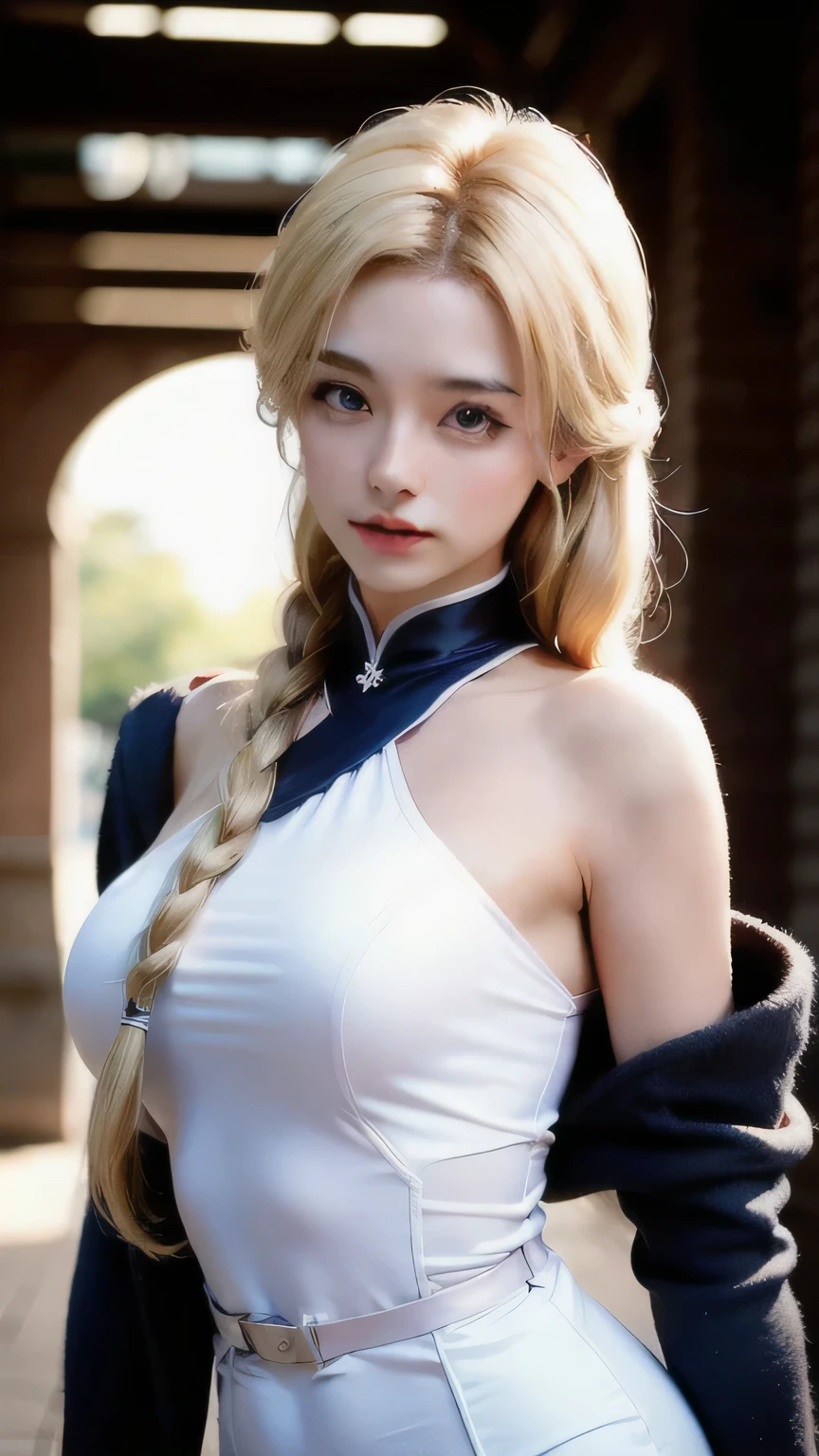 Bright expression、ponytail、Younger, brighter, whiter skin、Best Looks、Blonde reflection、Platinum blonde hair with dazzling highlights、Shiny bright hair,、Super long, silky straight hair、Shiny beautiful bangs、Sparkling, clear, attractive big blue eyes、A very beautiful, lovely and cute 16 year old girl、((Big and ample breasts)), Beautiful fine details, Beautifully detailed nose,(( whole body:1.25)),Makeup that emphasizes the eyes、((A pleated skirt with lots of folds:1.3)),(A woman like Joan of Arc:1.3)、(Bathrobes:1.3)、knight, (Take your sword and shield:1.2),Royal Style,Comic book style, , Scattered beneath the surface, Glamorous decoration, Nature background, Surreal, Cinematic, Dramatic lighting, Tabletop、(Decorated armor)、(Wear an aura:1.5)、Circlet、((Princess Night))、Frills、Valkyrie、knight、((onmyoji:1.5))、