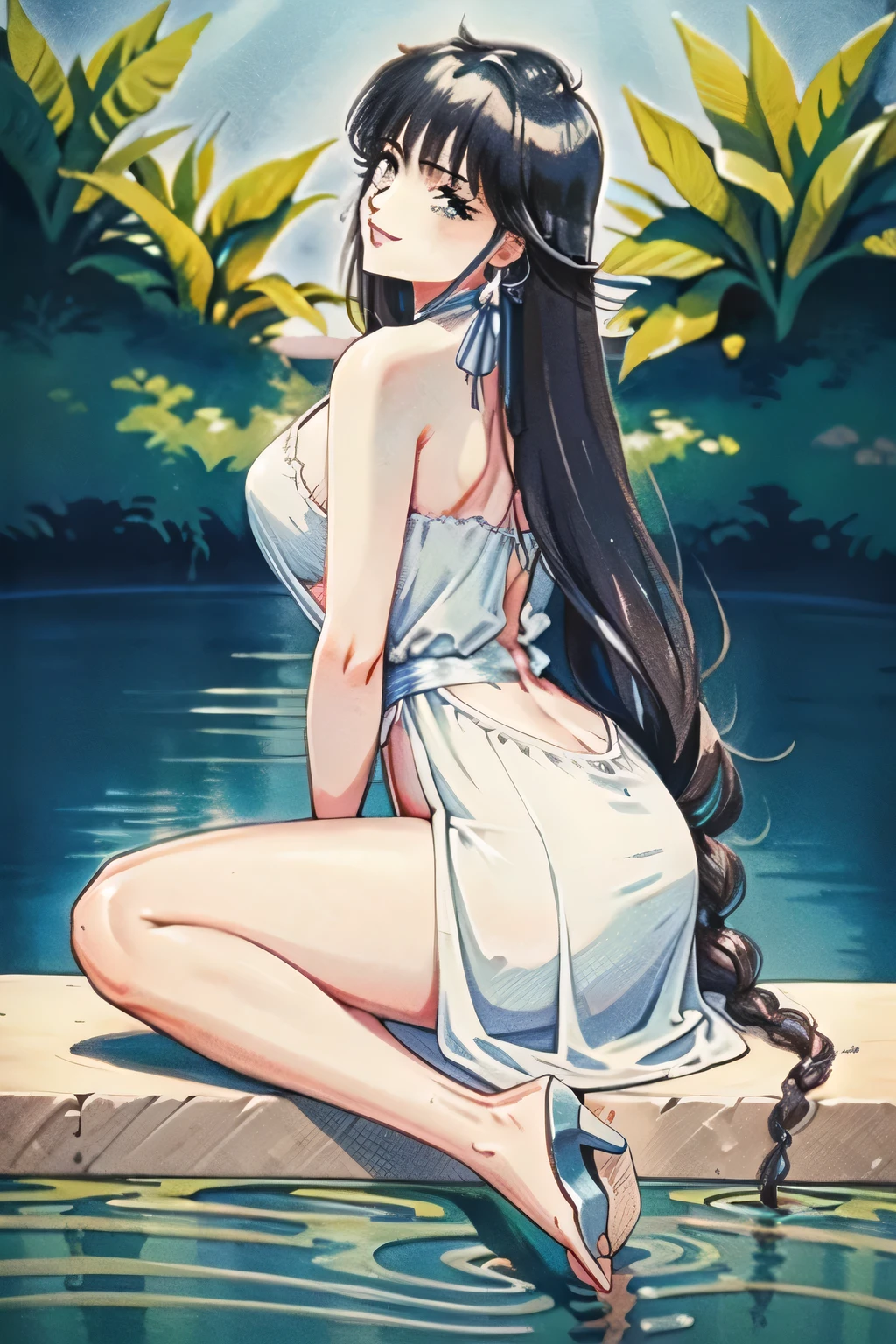 1girl, female water spirit, water-colored hair, spring water inside, a few drops of water on the skin,
