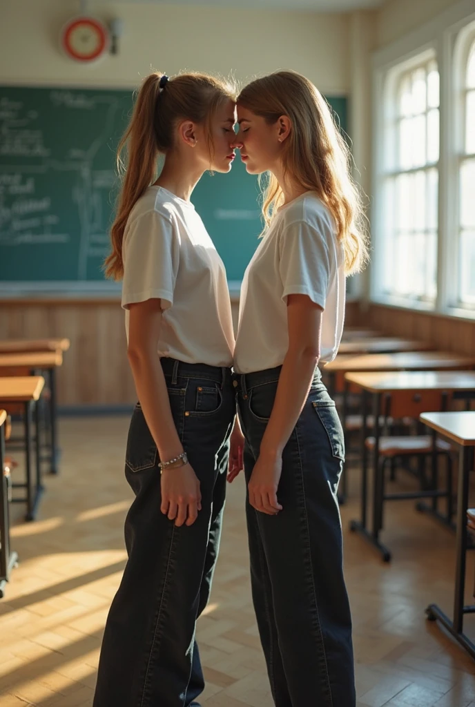Short haired teen girls kissing in spandex gymwear . Back shot. Full body. Classroom. Sweaty. Tattooed