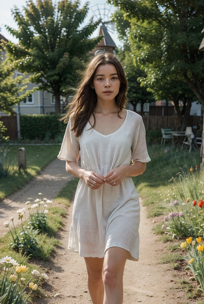candid photograph of 25yo japanese girl standing in a japanese backyard with drink in hand, summer dress, perfecteyes, orgasm, wide shot, distance, wind, full body, whole body, skinny, boyish, dry skin, skin pores, freckles, moles, (analog:1.3), model, long blonde hair, braids, vogue, androgynous, tilt shift, specular lighting, film grain, (wide shot:1.2), F/5, (cinematic still:1.2), 35mm photograph, film, 4k
