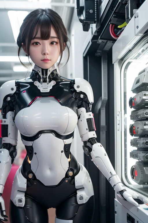 masterpiece, best quality, (photorealistic:1.4), (RAW photo)(8K, 4K, Best Quality, hight resolution, 超A high resolution:1.1), (masutepiece, Realistic, Photorealsitic:1.1), 2girl in, Japaese Cyborg Girls,Plump , announcer,control panels,android,Droid,Mechanical Hand, ,clothes with a sense of mechanical technology, Robot arms and legs, Black Robot Parts,Black hair,Mechanical body,Blunt bangs,White abdomen,White robotics parts,tube dress,perfect robot woman,perfect android woman, perfect mechanical woman,future laboratory,android factory,cyborg factory,robot factory,cyber pank,charging spot,long tube,thick cable connected her neck,bowing,maintainance her,repaired her,full eyes,dark black tights,a bit chubby