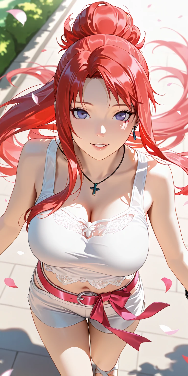 red hair, ponytail hairstyles, (detailed eyes, cosmic eyes, galaxy pupils, (pink eyes)), horns, black horns, horn towards the bangs two horns, bangs, 1girl, solo, long hair, off shoulder, collar bone, cleavage, look at viewer, perfect fingers, armpit peek, frill, Beautiful flowers bloom, (sparkles), (There is a blooming sakura),standing under a tree, (head looking up), Look at the tree, Natural soft light, macaron, Still ethereal, Crisp and smooth lines, radiant morning light, soft luminescent glow, armpit peek,