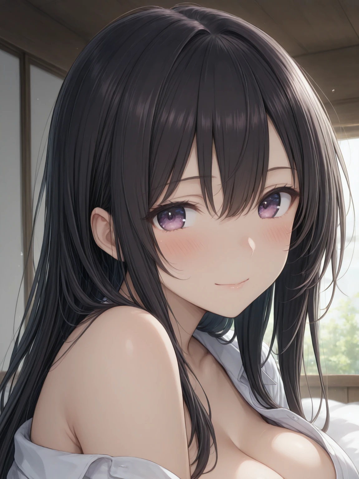 (young :1.3),rabbit girl,black long hair,white rabbit ears,white fur,white rabbit tail,naked,nude,looking at viewer,full face blush,shy face,smile,heart eyes,sparkle star around girl,glistering effect,white light,selfie,plain background,shiny armpits,very hot,soak armpits,shy pose,upper body only