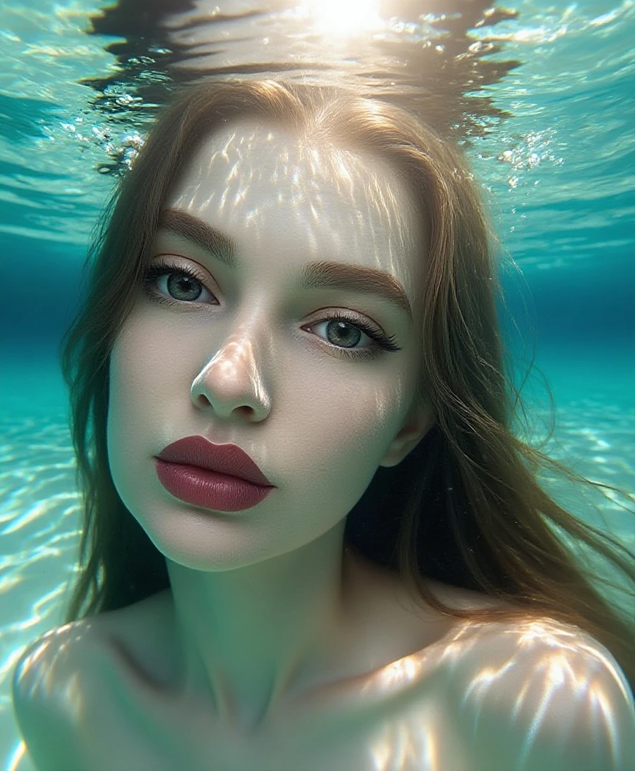 Sexy twenty-two-year-old woman ginger in red dress, long braids, beautiful erotic woman, large breasts surging, candid photography, (dramatically lit underwater lake: 1.3), (dark shot: 1.7), photo-realistic, (film grain: 1.4), (masterpiece: 1.2), sharp image, style, award-winning photo, best quality, (photo with kodak 400:1.3), sharp, skin pores, (freckles kissed by the sun on the face: 0.6), (shot on Fujifilm X-T4:1.2), angular jaw, high cheekbones, big soulful eyes, (imperfections of the film:1.2)