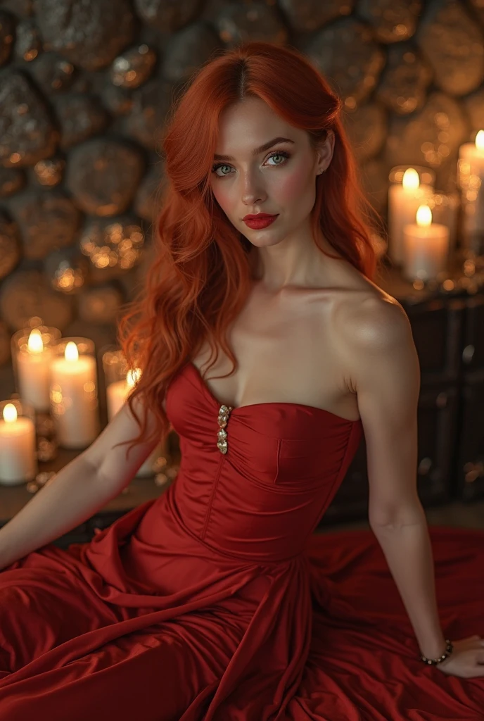 ((masterpiece, photorealistic:1.4, extremely intricate:1.3, photon mapping, radiosity, physically based rendering, ultra resolution, hyper-realistic, photorealistic:1.4, hyper-realistic, 8K)), ((solo 1girl, athletic female aloof, arrogant, long straight, windy (((solo teenage supermodel, 1girl, [bright red hair:bright ginger hair:0.7], ([huge breasts:gigantic breasts:0.8], red silk evening gown, off shoulder, plunging neckline)), makeup:1.2, [skin detail:freckles:0.8], red lips, ruby necklace)))), ((((dark background, empty room, night, shadow, blank background)))), professional photograph, sharp focus, dramatic, award winning, cinematic lighting, volumetrics (film grain, blurry background, blurry foreground, bokeh, depth of field), BREAK, (([clear eyes:blue eyes:0.4]))
