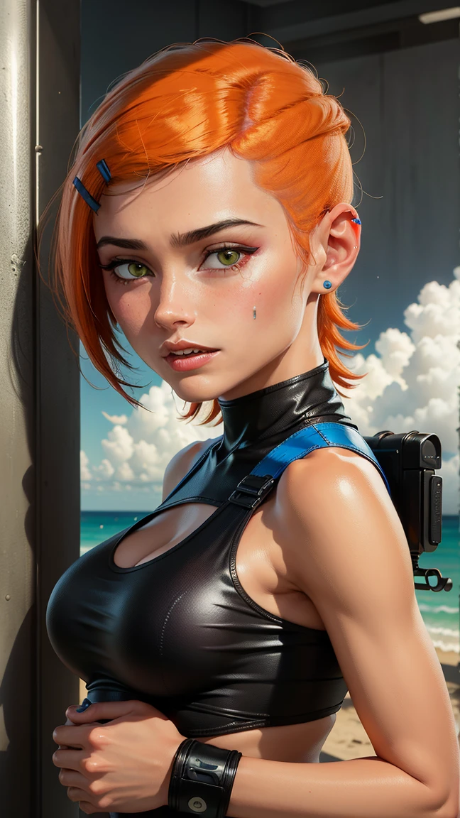 (ultra realistic,32k, masterpiece:1.2),(high detailed skin:1.1),( high quality:1.1),
<lora:JennyTest1-10_0608:0.8>jenny test,expressionless,short hair,  blonde hair, blue eyes, black shirt, open shirt, midriff, pants, water amusement park, water park blurry background,, huge breast,large breast,(looking at viewer, portrait:1.1),, <lora:add_detail:0.75>,
(neon light:1.1),