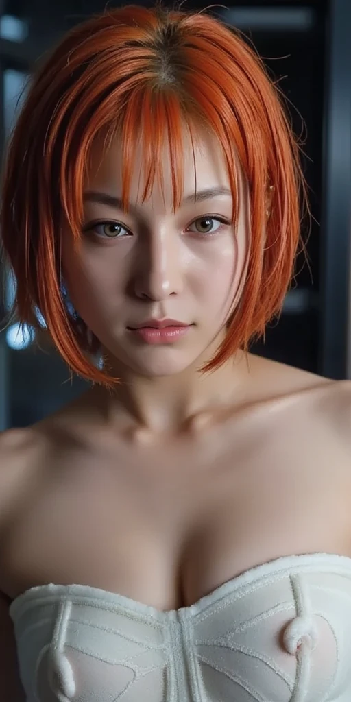 1 girl, Backlight, (bright light:1.2), smile, close up of face, tan , blue-gray eyes , slanted eyes , (red hair:1.3) , (short hair:1.3) , (low ponytail:1.3) , ((bangs)) , toned , curvy , large breasts , thick nipples , (completely nude:1.3) , shaved pussy , squat , pussy line , ((photo-realistic)), Super Detail, high details, High quality, Best Quality, hight resolution, 1080p,surreal, cinematic lighting, 32K, (Improvement of quality:1.4), Textured skin, (Highest quality realistic textured skin:1.4), (Enhances the beauty of skin texture:1.3), (matte texture:1.3) , detailed eyes, detailed face,