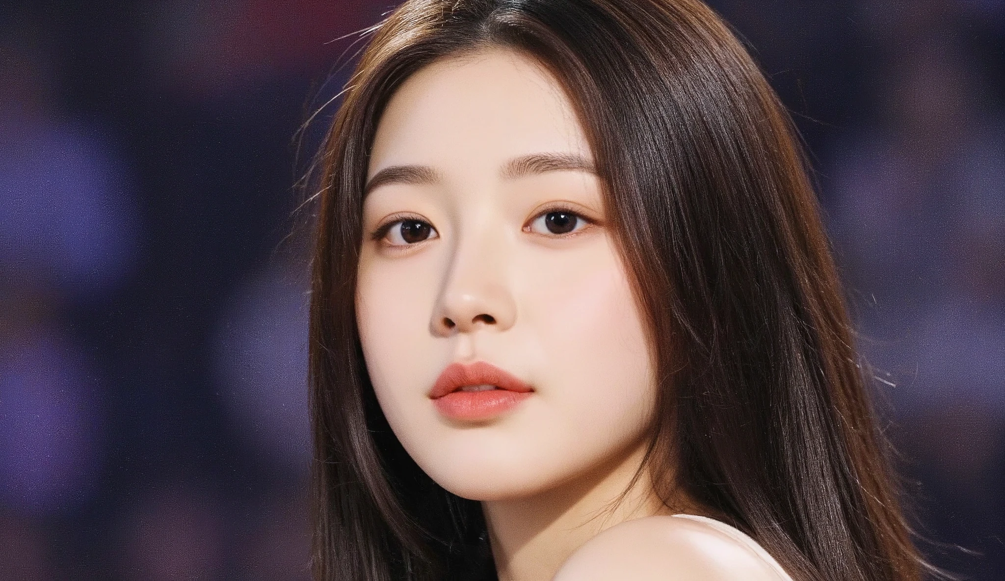 a shoulder-up candid photo of a 20-year-old Korean woman on a real concert stage, photographed with a DSLR, natural lighting, detailed skin texture, soft background blur, minimal or stage makeup, unique facial features, ultra photorealistic, not digital art, not illustration