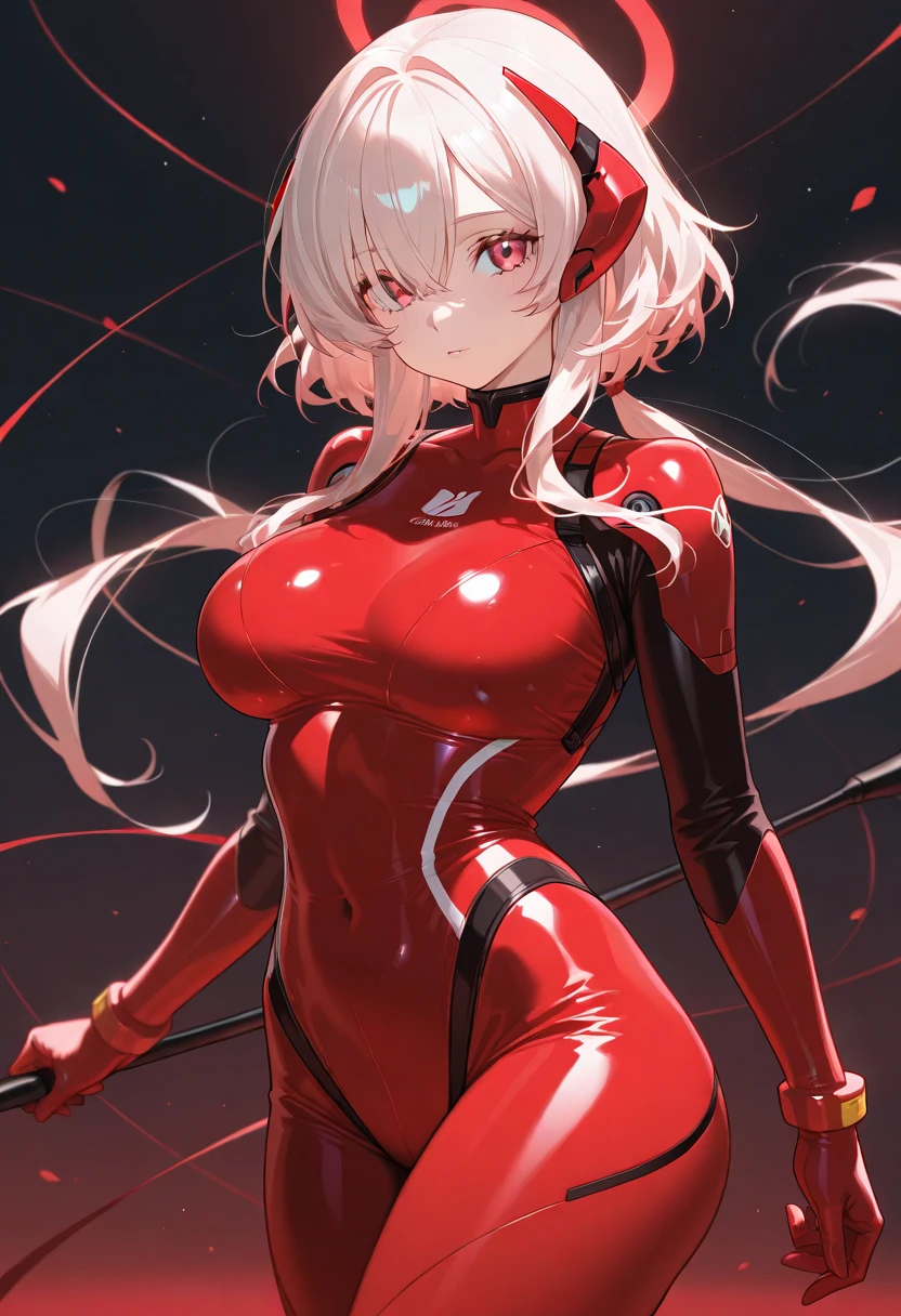 1girl, solo, Grey hair, long hair, glossy and shiny latex plugsuit, latex bodysuit, skin-tight armor, looking at viewer, best quality, absurdres, athletic, fit, (muscular arms), 6-pack abs, pectoral muscles, huge breasts, slim waist, light reflections, subtle smile, friendly, sweet and cute, colorful, vibrant colors, light rays, sakura blossoms pattern, sakura flowers in hair, delicate, beautiful, intricate, highly detailed, extremely sharp focus, color, cinematic, pristine, epic, singular, shining, very inspirational, attractive, bright, amazing, marvelous, exquisite, cool, awesome, loving, elegant, symmetry, illuminated, pretty, fine detail