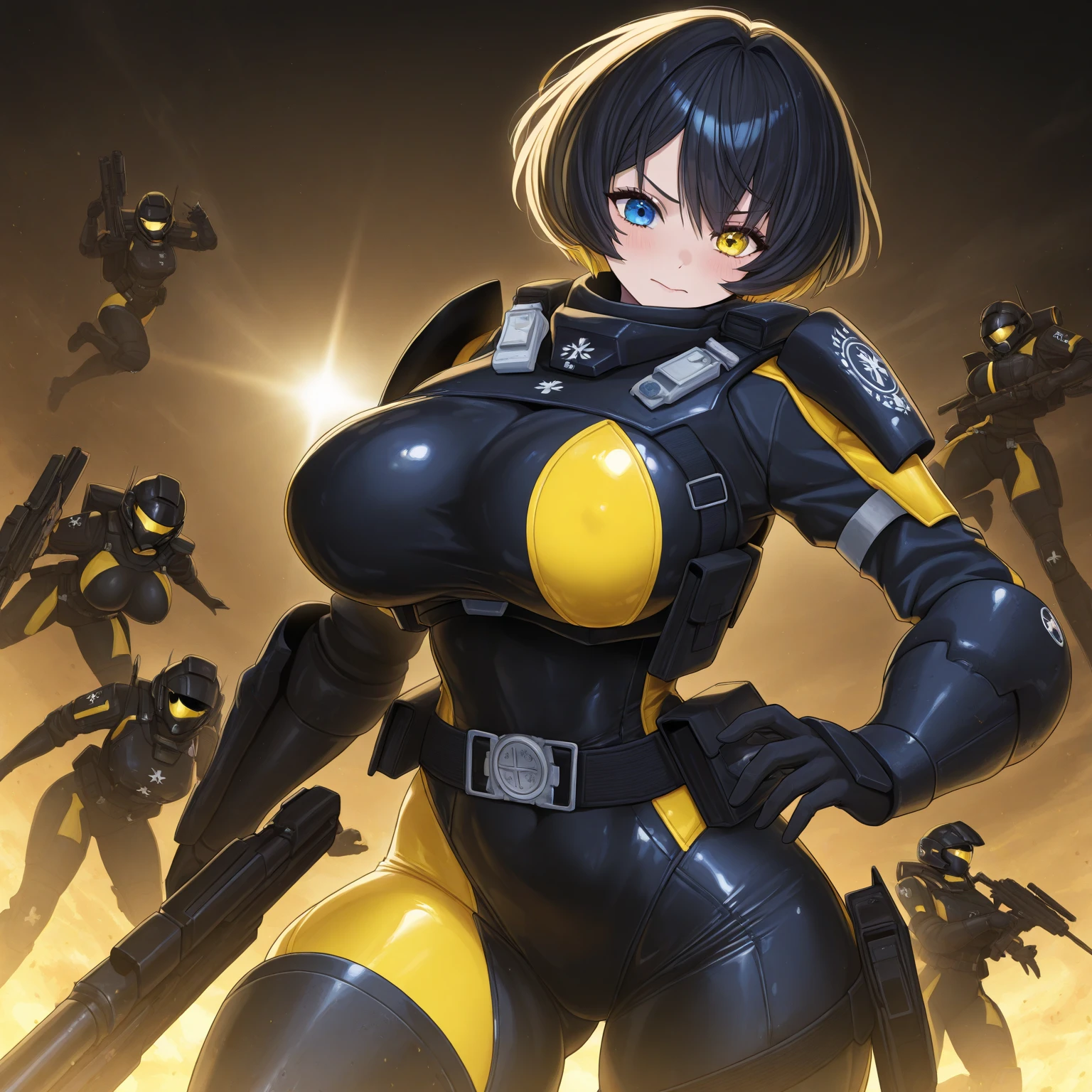 a close up of a woman in a yellow and black outfit, best anime 4k konachan wallpaper, cyberpunk bee, mechanized valkyrie girl, biomechanical oppai, human structure bee concept art, extremely detailed artgerm, based on bumblebee, cyborg wasp, anime style 4 k, oppai cyberpunk, insect trainer girl, bumblebee