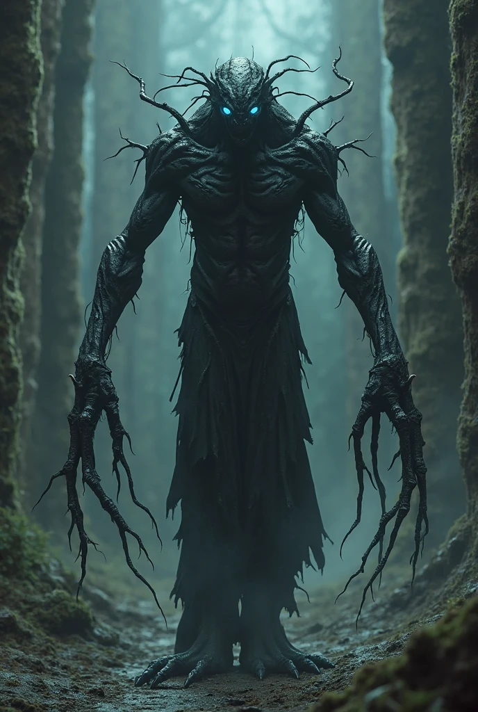 Faceless humanoid demon, standing in the dark forest