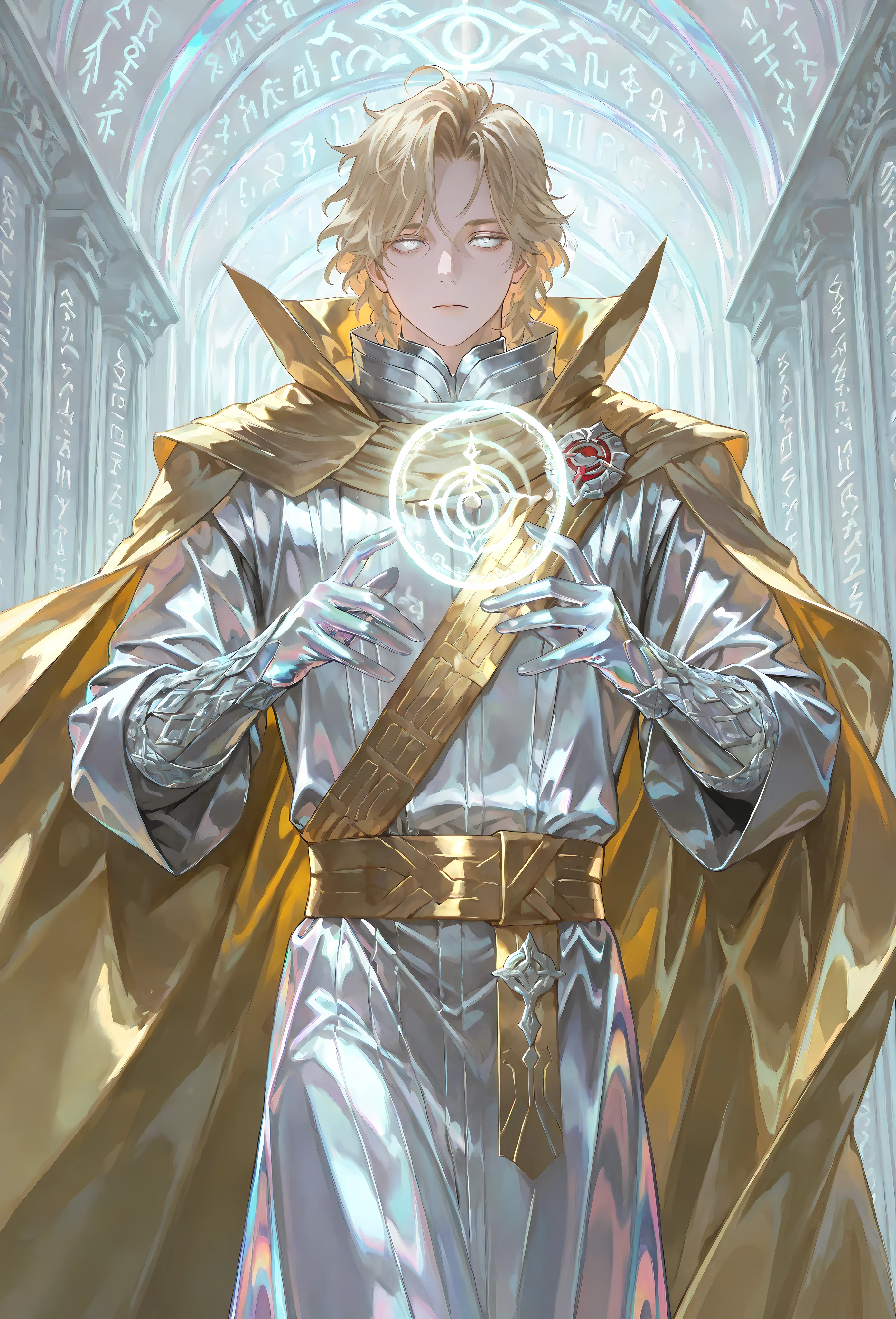 8k, beautiful masterpiece, looking out at the front, alone, pale skin, Perfect Eyes shape, Athletic Build, ((He wears: White Doctor Strange Robes, Eye of Agamotto Amulet, Golden Cape with Cowl, Mystic Gloves, Golden Sash)), (((background is vast magic library, looks emotionless and somber casting a spell via magic sigils and glyphs))), 23 years old male, 1 man, male-centered, handsome man, handsome, short messy hair, blonde hair, Thick painted, (((iridescent silver eyes))), Perfect Eyes, masterpiece, top quality, amazing quality, exquisite details, very detailed, semi-realism art , semi-realism art style