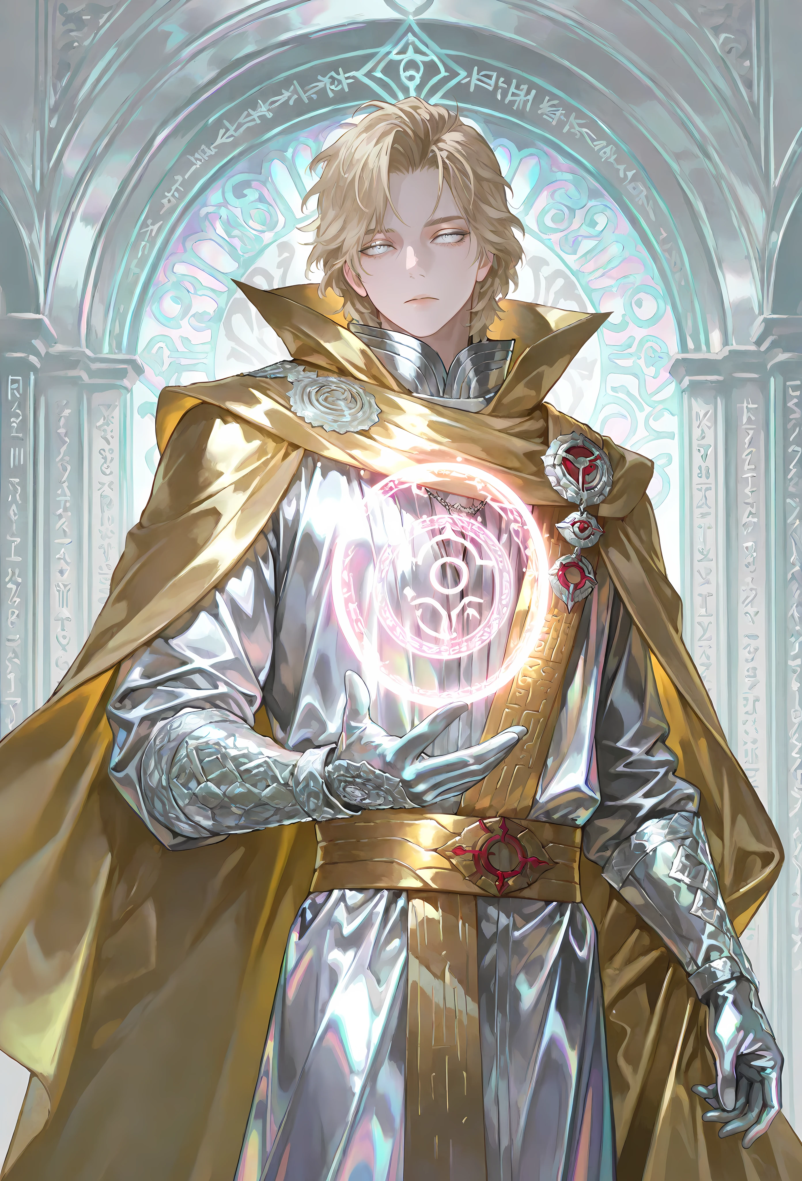 8k, beautiful masterpiece, looking out at the front, alone, pale skin, Perfect Eyes shape, Athletic Build, ((He wears: White Doctor Strange Robes, Eye of Agamotto Amulet, Golden Cape with Cowl, Mystic Gloves, Golden Sash)), (((background is vast magic library, looks emotionless and somber casting a spell via magic sigils and glyphs))), 23 years old male, 1 man, male-centered, handsome man, handsome, short messy hair, blonde hair, Thick painted, (((iridescent silver eyes))), Perfect Eyes, masterpiece, top quality, amazing quality, exquisite details, very detailed, semi-realism art , semi-realism art style