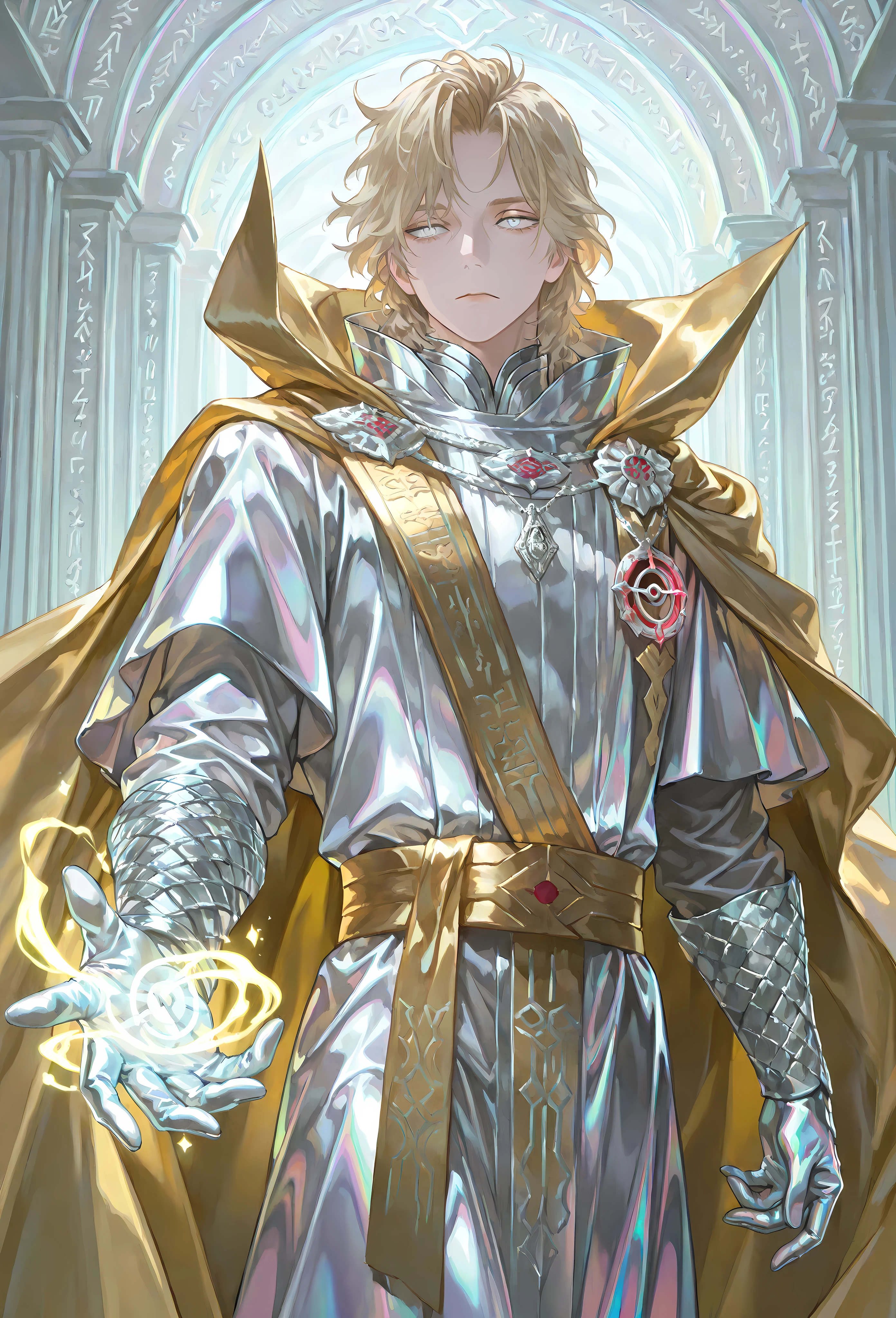 8k, beautiful masterpiece, looking out at the front, alone, pale skin, Perfect Eyes shape, Athletic Build, ((He wears: White Doctor Strange Robes, Eye of Agamotto Amulet, Golden Cape with Cowl, Mystic Gloves, Golden Sash)), (((background is vast magic library, looks emotionless and somber casting a spell via magic sigils and glyphs))), 23 years old male, 1 man, male-centered, handsome man, handsome, short messy hair, blonde hair, Thick painted, (((iridescent silver eyes))), Perfect Eyes, masterpiece, top quality, amazing quality, exquisite details, very detailed, semi-realism art , semi-realism art style