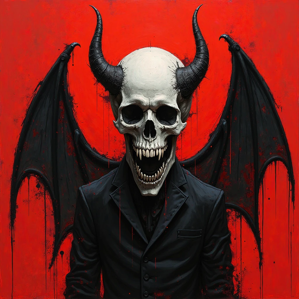 Create a drawing with a DARK theme featuring a skull surrounded by red gargoyles flying within a playing card. The card has white borders and golden letters. The skull and gargoyles should be depicted in a dark and eerie style, contrasting against the light background of the card
