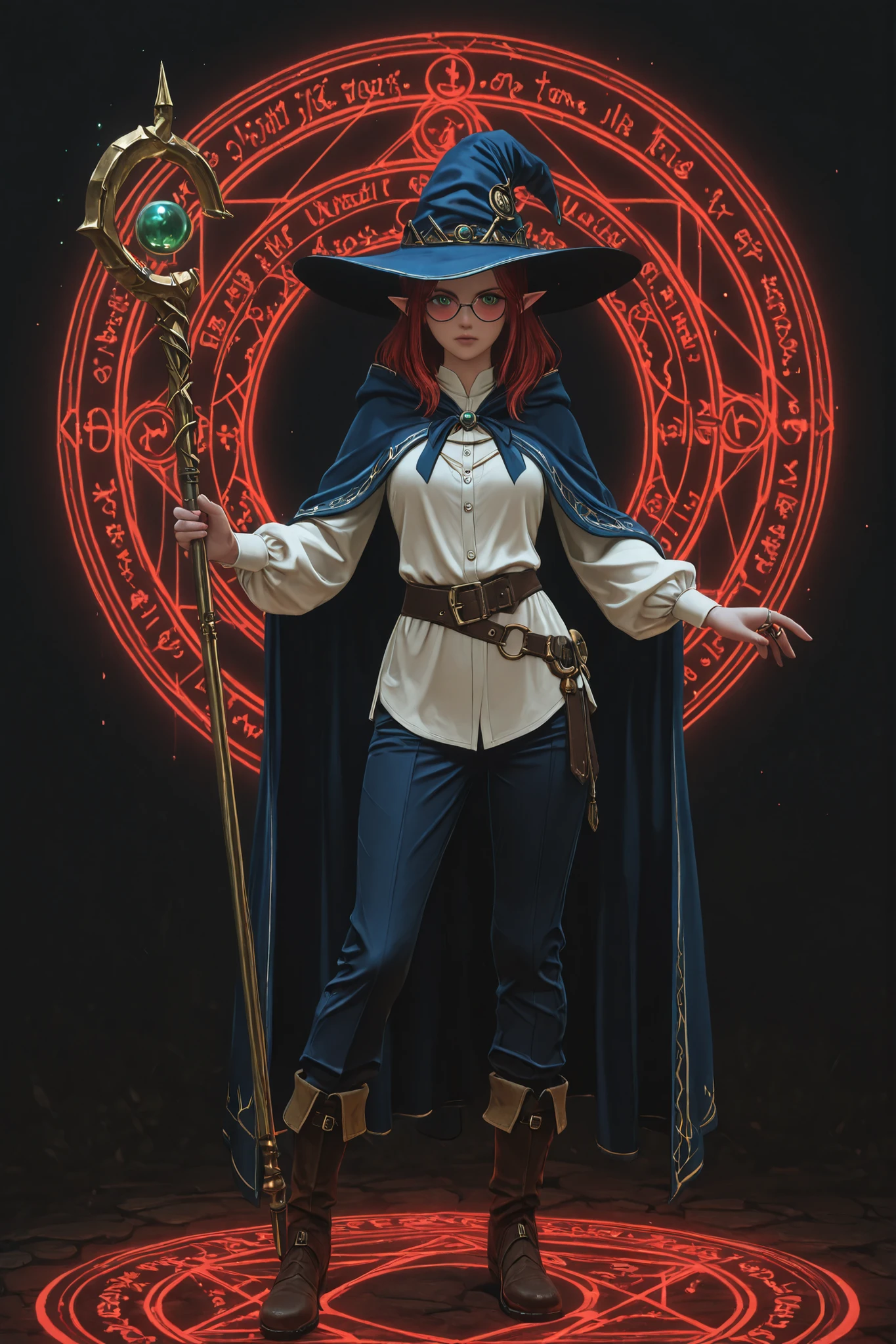 A character reference concept art in a realistic high contrast lighting with dark retro atmosphere style in a frontale view full body shot standing in A-pose with simple dark background. The character is a female elf mage, small short curvy body shape, medium hight, 150 cm, perfect beautiful face features, messy red hair, green eyes expressing excitement, wearing eye glasses,blue mage robe with golden ornements over a baroque white shirt and dark blue pants, mage hat, golden accessoires, boots, holding a mage golden staff in one hand with rings , a grimoire and mana potions attached to a leather belt , standing on gloing red magic circle