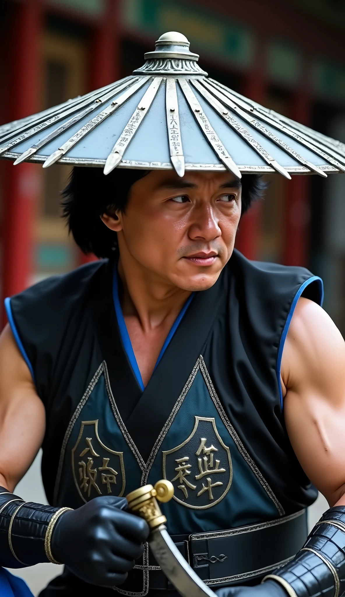 Jackie Chan hyper realistic like Kung Lao exudes serenity and precision. Your posture is erect, disciplined precision — such as that of a warrior monk who dominates both the spirit and the blade. The eye is firm , focado, with a calm air of someone who is always in control of the situation, even surrounded by danger.
At the top of his head is his iconic wide-brimmed hat — a sharpened metal sombrero with razor-sharp edges. The brightness of the blade reflected under the light gives the accessory a lethal air. The inside of the hat has ancient Shaolin inscriptions engraved with, visible only when he takes it away or uses it as a weapon. The flap casts a shadow over his eyes, making his face even more mysterious and imposing.
He wears a traditional Shaolin combat vest, reformulated with modern materials — a mix of black fabric reinforced with dark leather plates and blue-gray details. The breastplate shows the symbol of the Liu Kang monks embroidered or in relief, with silver or gold details, according to version.
His arms are muscular and exposed, showing fine battle scars, signs of someone who fought and won countless times. He wears black fabric bands on his forearms, tightly wrapped up to the fist, with light red threads — a symbol of discipline and tradition. Reinforced gloves complete the look, ready for hand-to-hand combat.
your costume is functional , mas carregado de significado, combining tradition, spirituality and mortality. Kung Lao is the warrior who honors the ancestors With every movement — elegant, lethal and immortalized by the metallic sound of his hat spinning in the air. Chinese government palace background in high quality with some security around, Upper body only