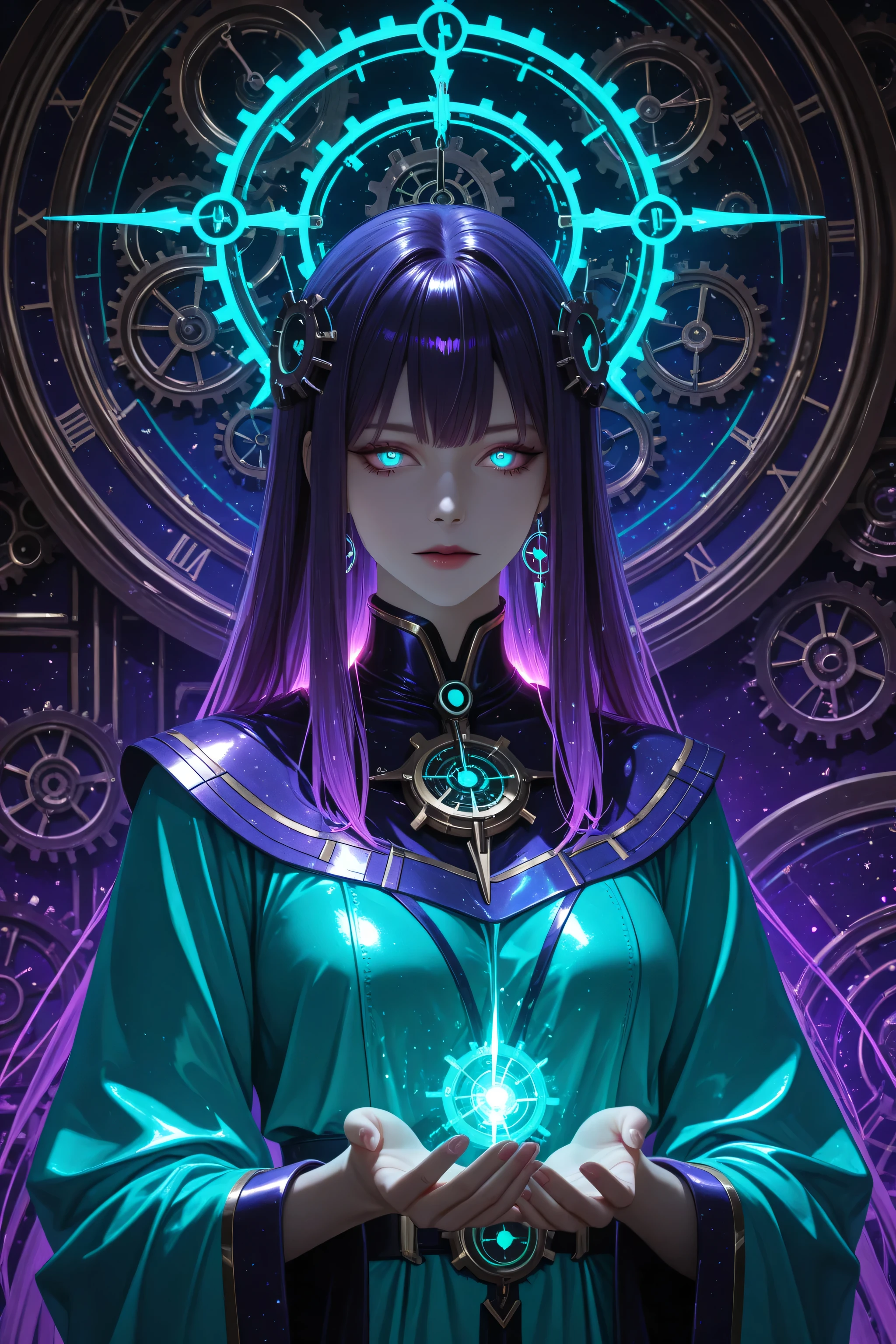 A mysterious anime woman with long dark purple hair, glowing teal eyes, and a futuristic robe. Clock gears float behind her head like a halo, and her hands weave glowing threads. Background: a cosmic void with timelines shattering. Realistic anime style, elegant, glowing effects.