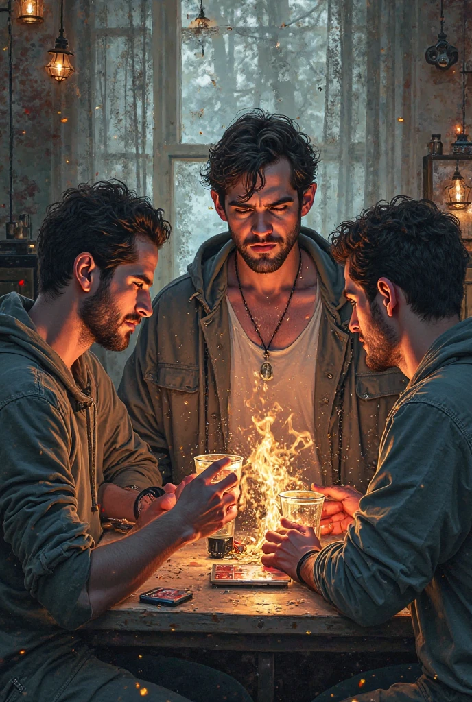 Full body photo of an extremely attractive man, inside his cabin at night. He's a handsome 25-year-old, like his body shaped by work as a lumberjack. It is illuminated by the light of a lamp, and behind it it is possible to see some objects of the hut. Homoerotic.