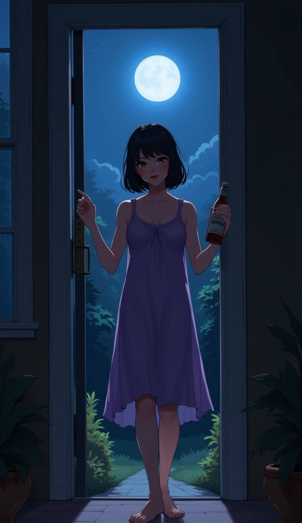 (blurry background:1.3), (extremely detailed fine touch:1.3), (hard light, studio light, light rays, dappled light, reflection, shadows, ray tracing:1.0), watercolor, (rough sketch:1.3), (2D:1.3), ///, kawaii girl, short black hair, (((yellow glasses:1.3))), underrim, (headphones:1.2), black cat, looking out at the sea, drink in a plastic bottle, sea sparkling in the setting sun, back view