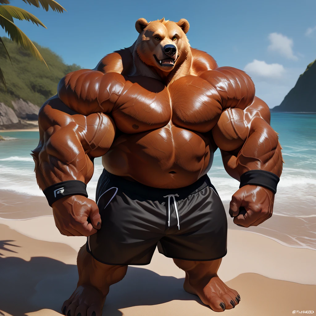 Close-up of an athletic muscular male gorilla, posing sensually, in a park, During the day, sports shorts, wearing nipple piercings and wearing a cap, body wet with sweat, black skin, NSFW, big body, well detailed, ultra detailed, detailed muscles, Whole body.