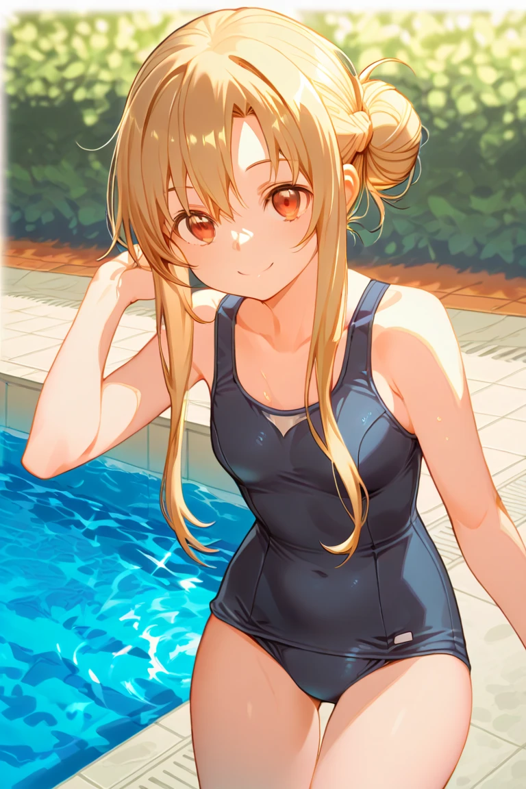 Beautiful and blond, messy hair, a bit wet hair, black swimsuit, pool, racing track, blur background