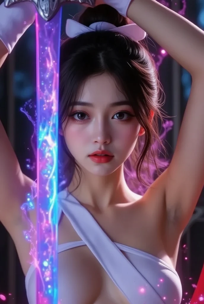 Beutiful women, 
Half a body. smoke turns into ghost, 
Capturing the essence of abstraction and mystery. With minimalist neon sketch [color purple] and smooth contours.