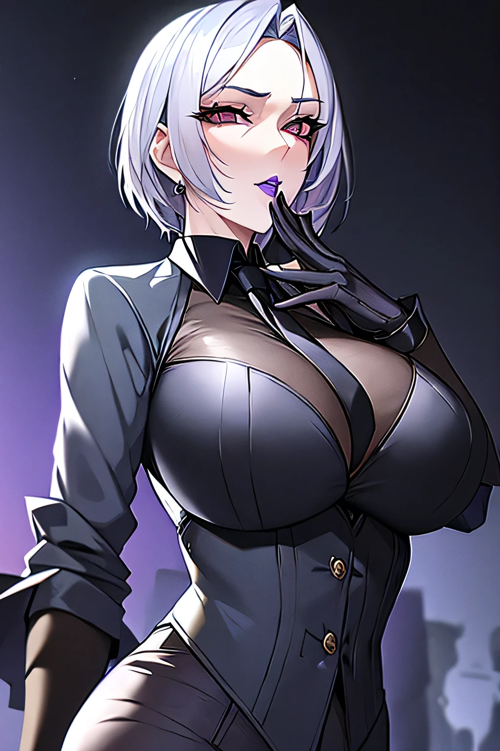 White hair , short hair, pinched eyes, (big-:1.5), Thin legs, thin body, leather collar, Maid outfit victorian, dynamic pose, full body, view from below, wide hips, kneel on the sheet in bed. purple skin, drow elf