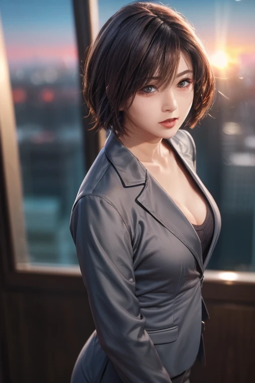 REALtic, masterpiece, highest quality, アニメ, highly detailed face, highly detailed eyes, highly detailed background, perfect lighting, whole body, 1 girl, alone, Harusaki Nodoka, collared shirt, Green sweater, black skirt, pantyhose, photo ID card, embarrassing, sexy smile, Are standing, office 、((night:1.8, Dark Room:1.5))
